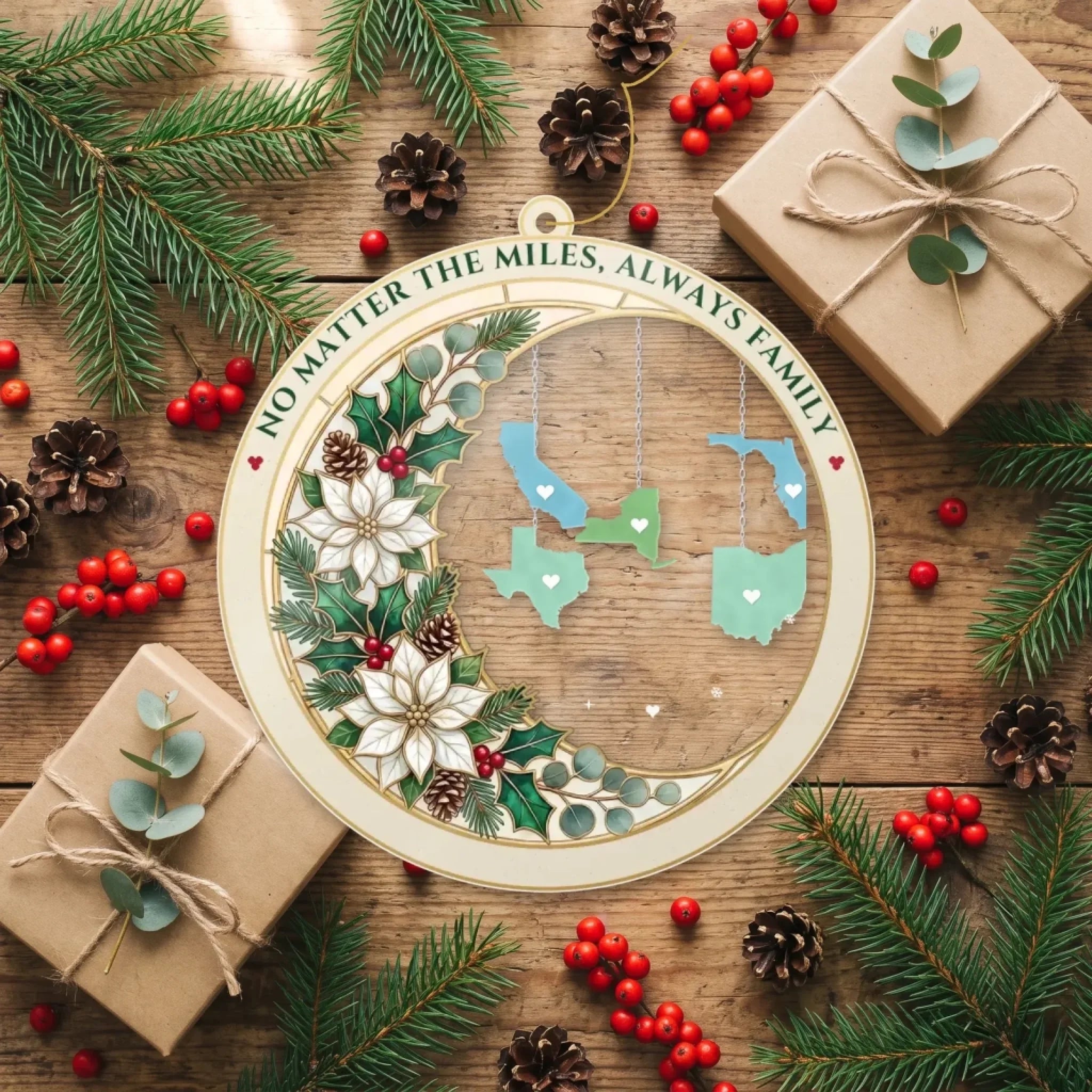 Long distance state ornament flat lay with gifts