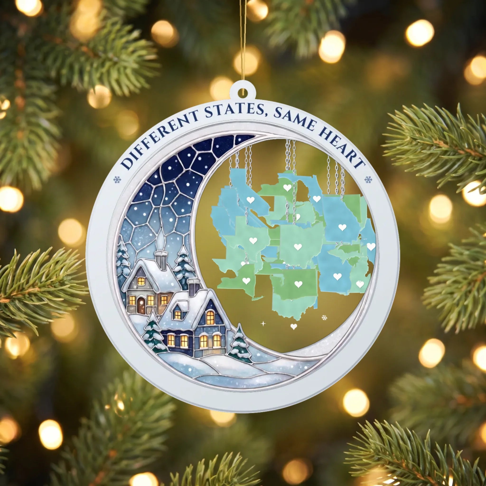 Personalized long distance state acrylic ornament hanging on Christmas tree
