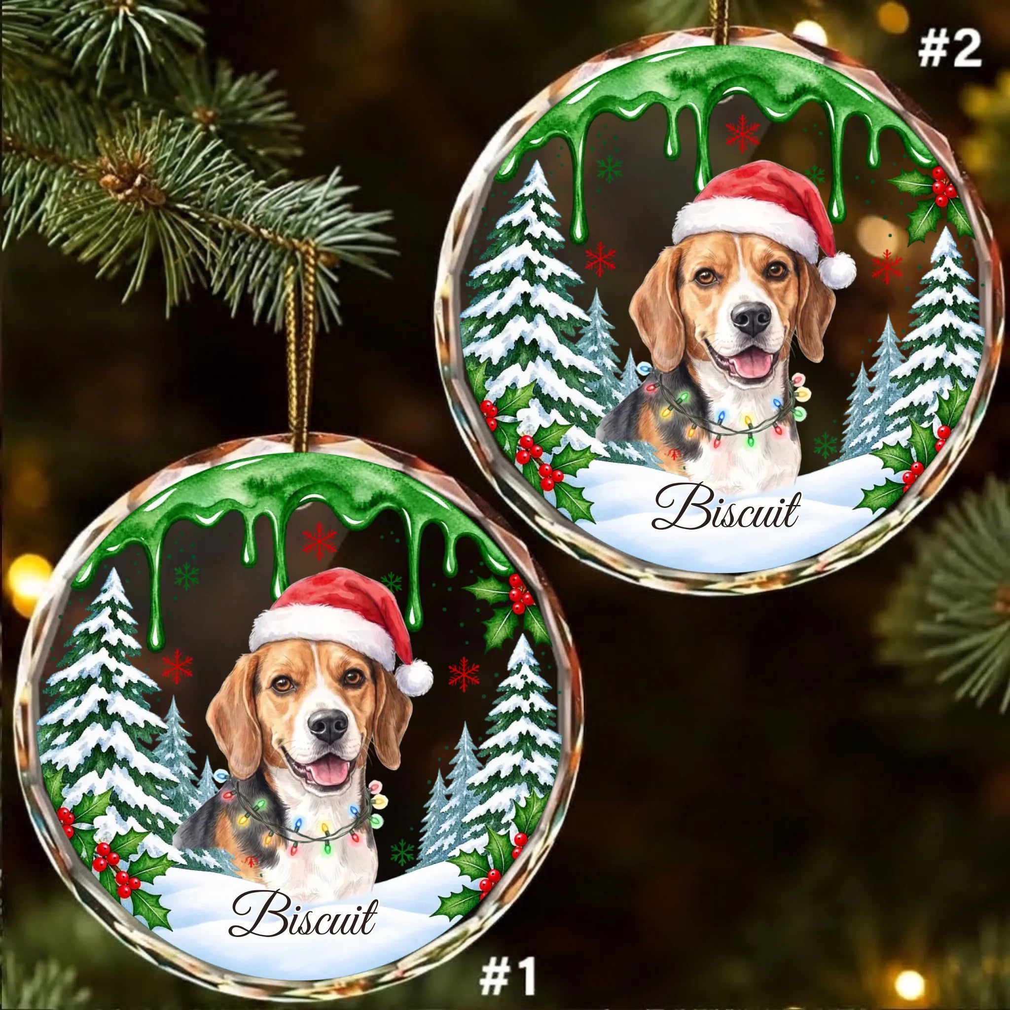 Pack of 2 personalized round glass ornaments