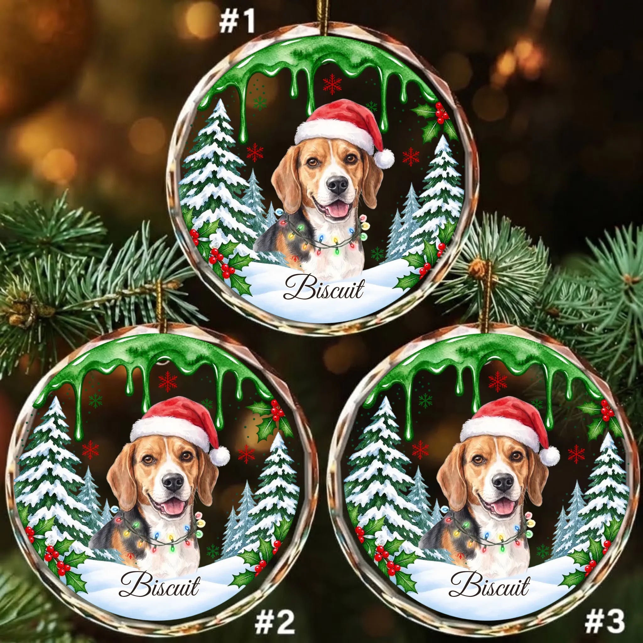 Pack of 3 personalized round glass ornaments