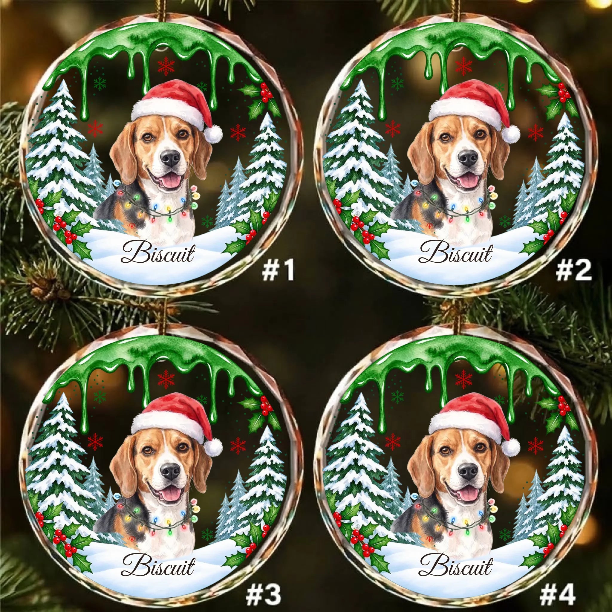 Pack of 4 personalized round glass ornaments