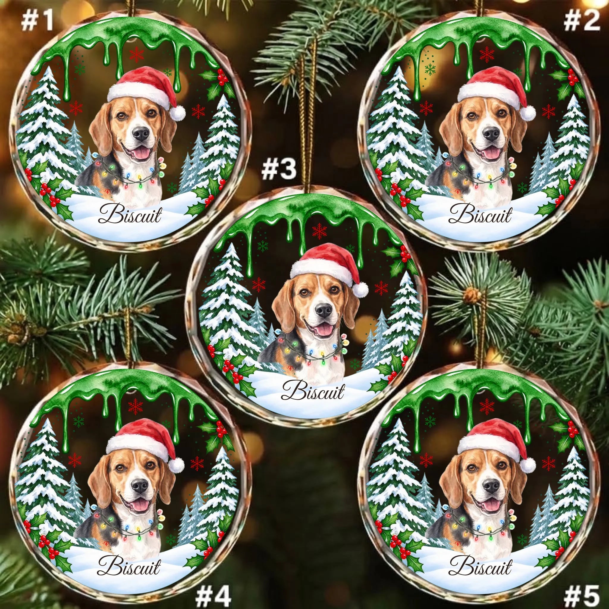 Pack of 5 personalized round glass ornaments