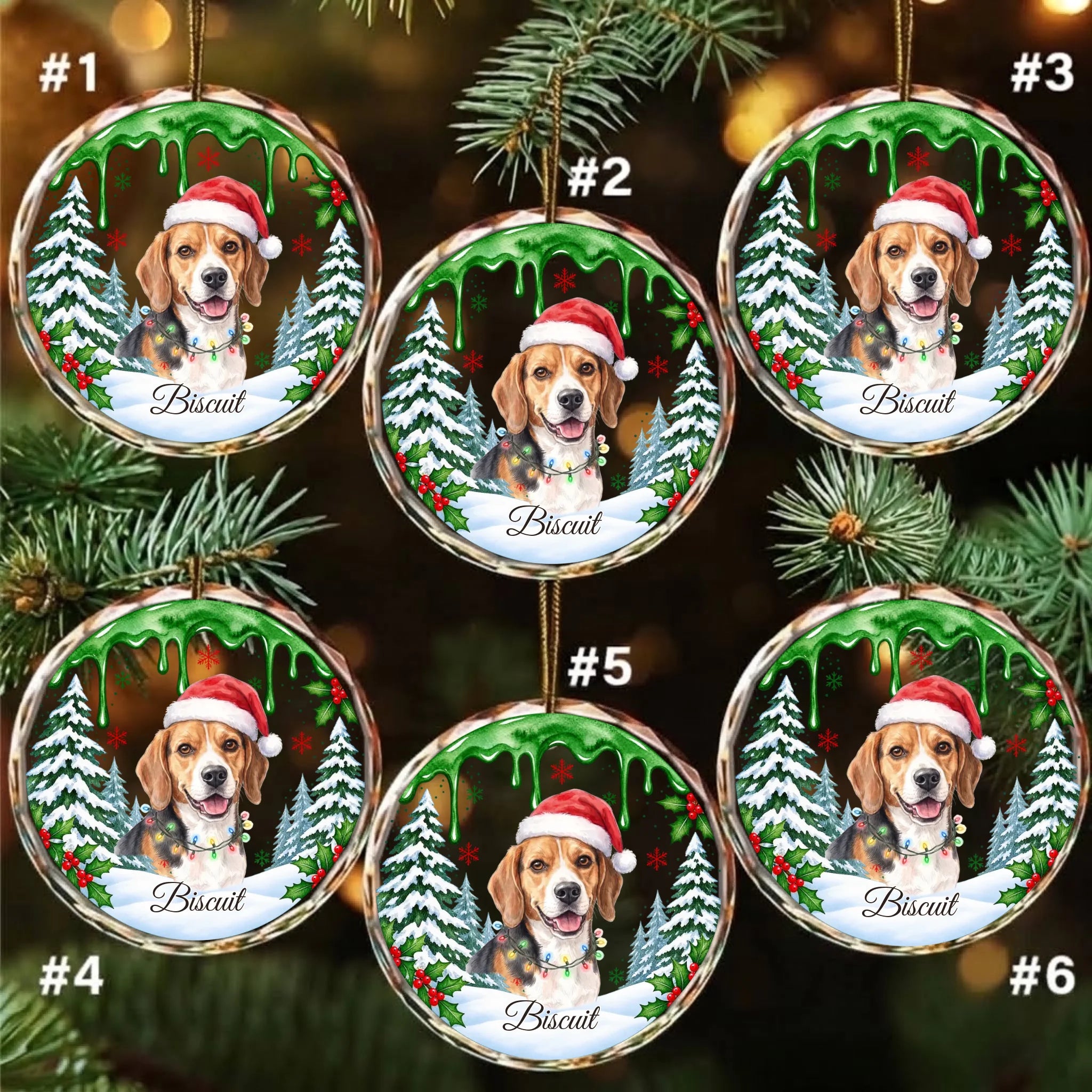 Pack of 6 personalized round glass ornaments