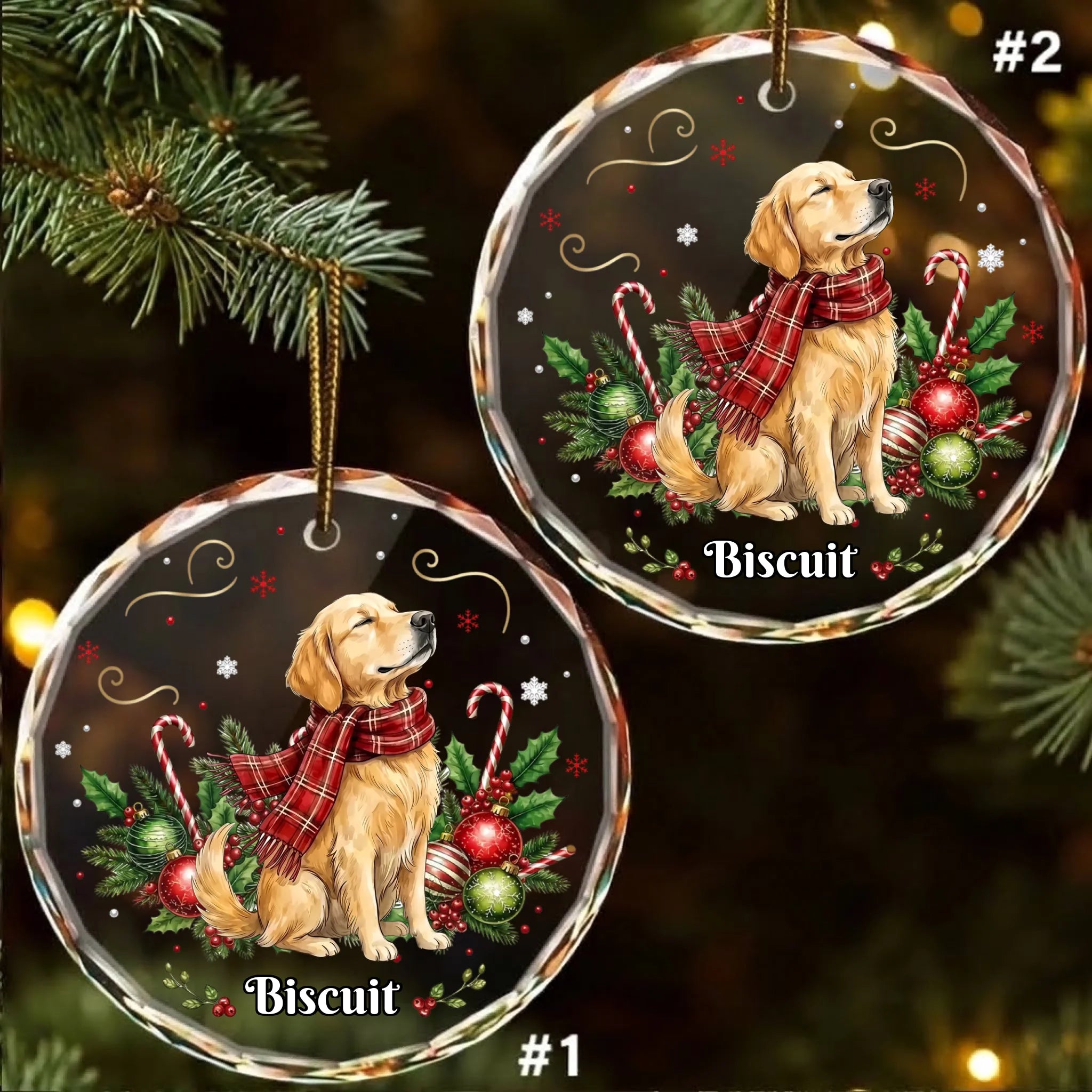 Pack of 2 personalized round glass ornaments