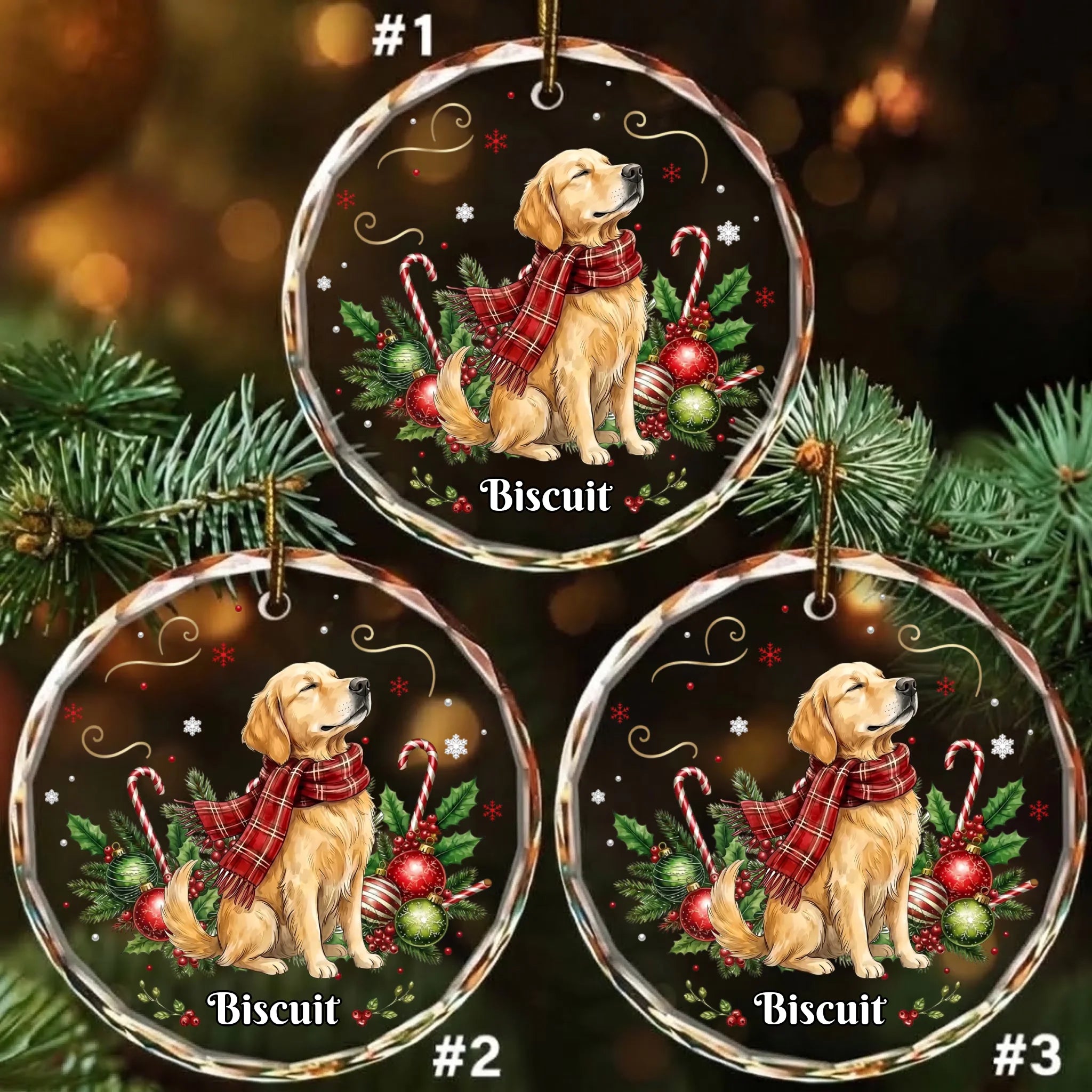 Pack of 3 personalized round glass ornaments