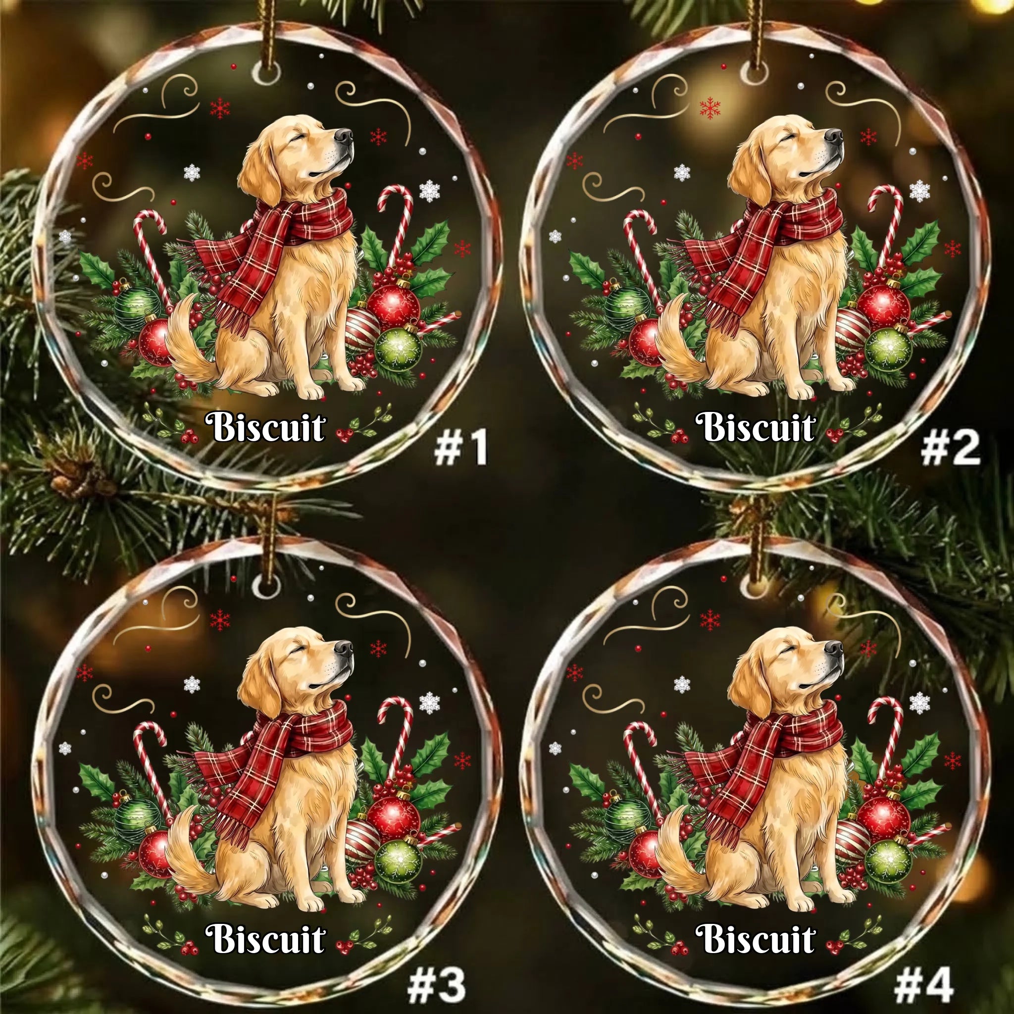 Pack of 4 personalized round glass ornaments