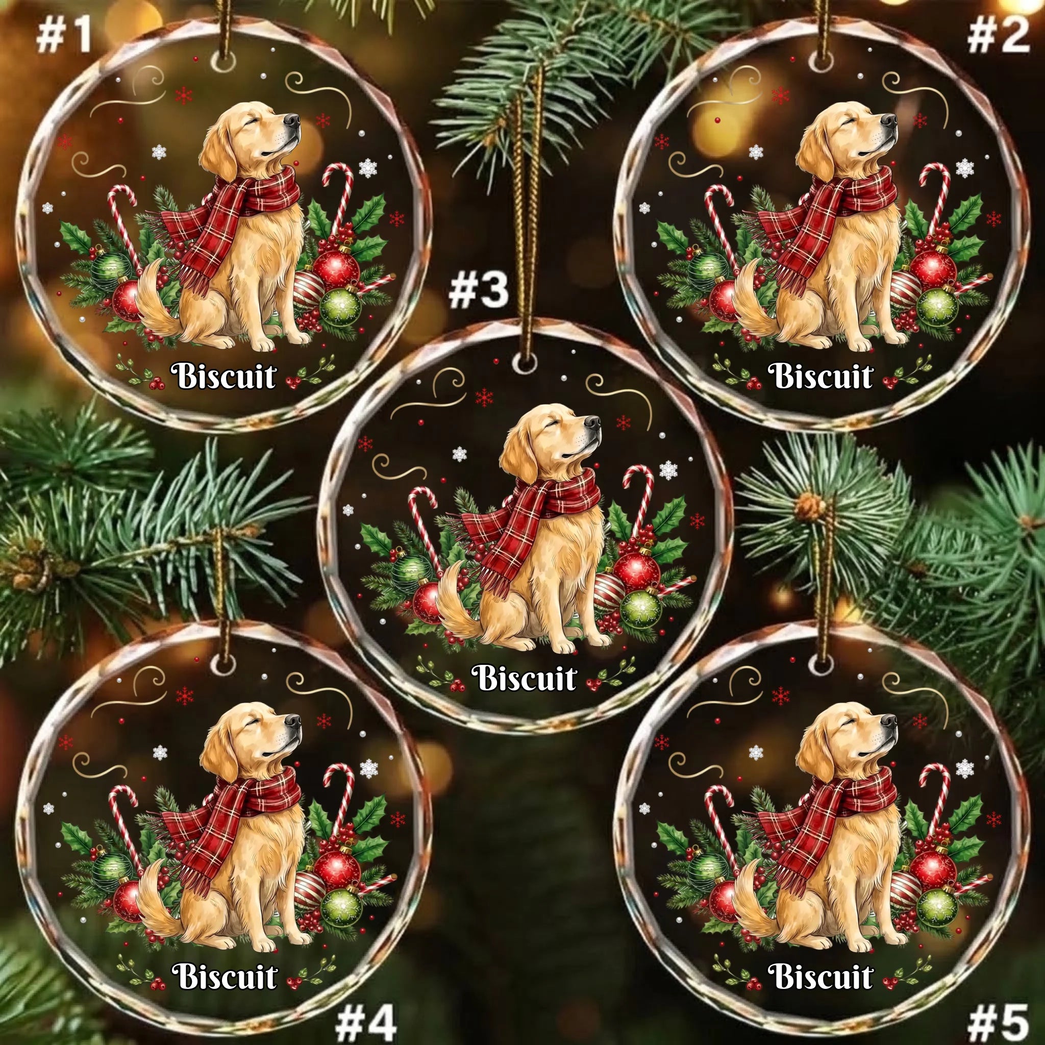 Pack of 5 personalized round glass ornaments