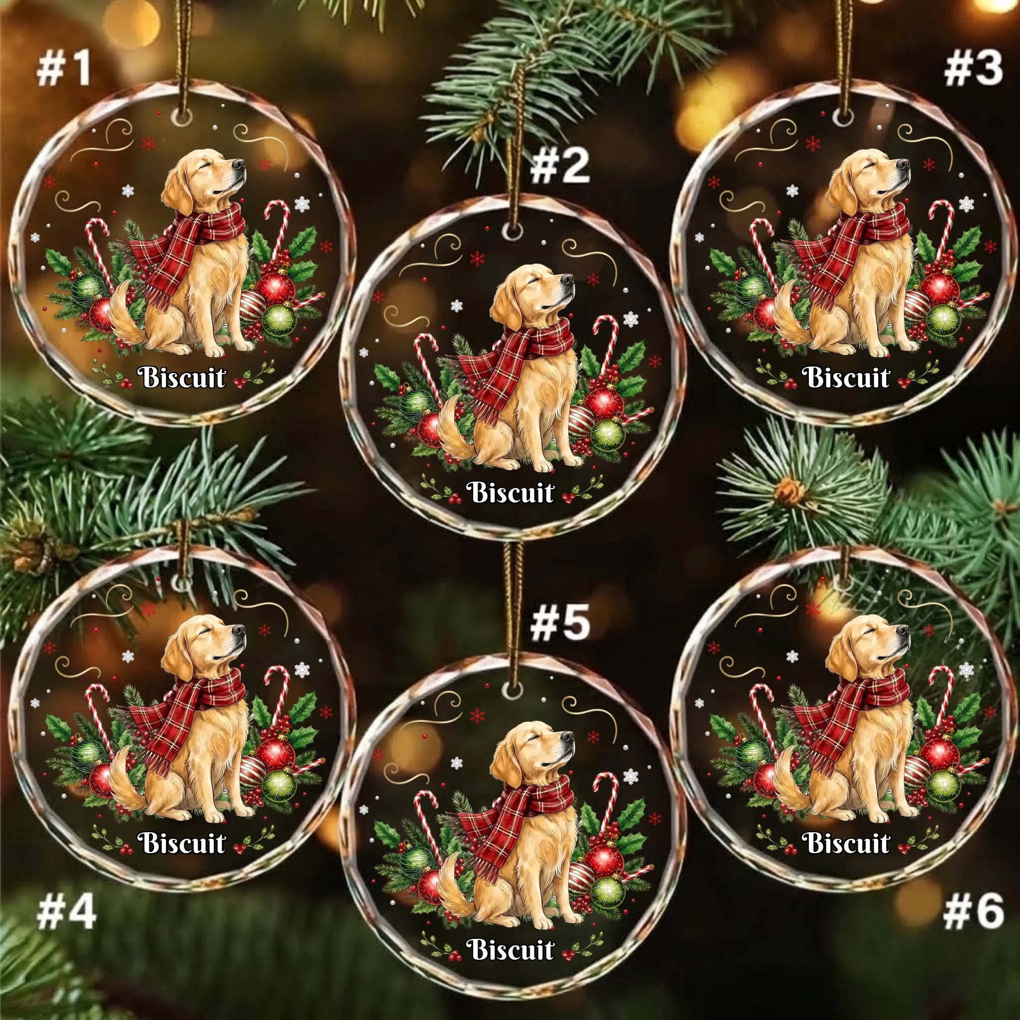 Pack of 6 personalized round glass ornaments