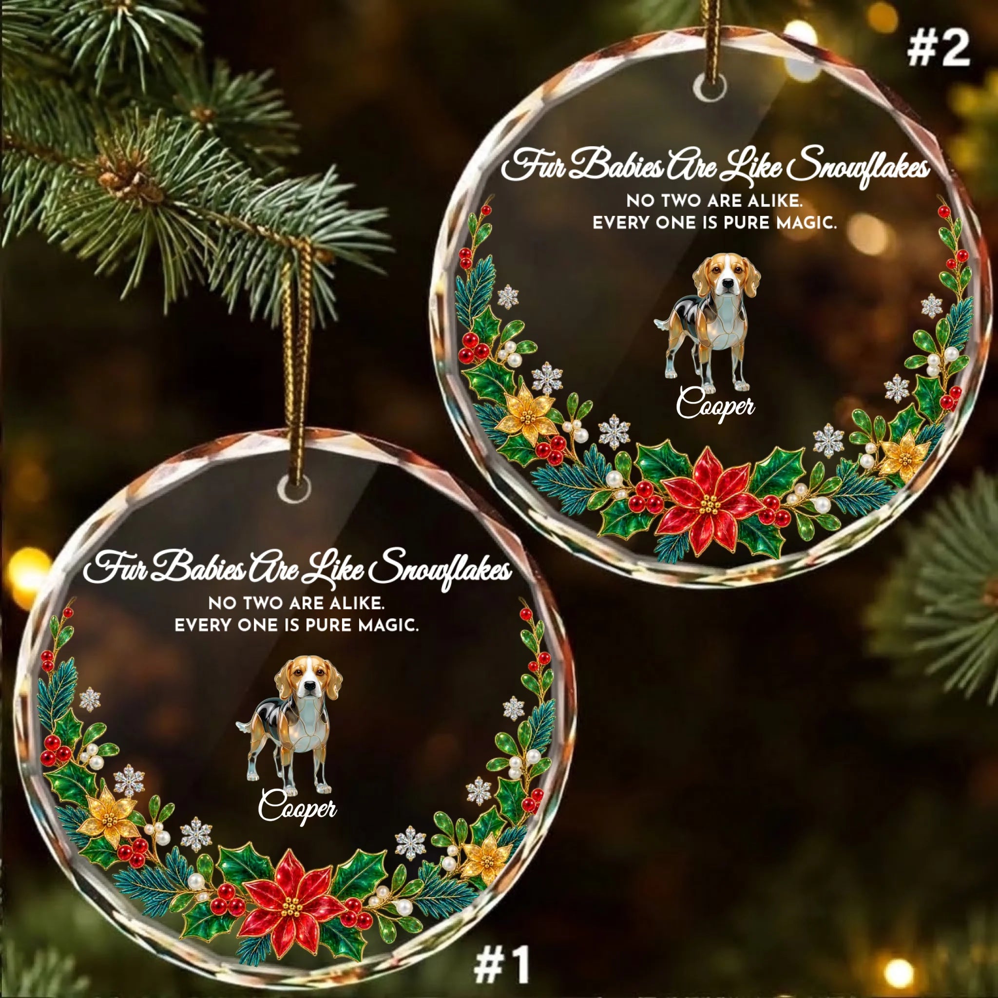 Pack of 2 personalized round glass ornaments
