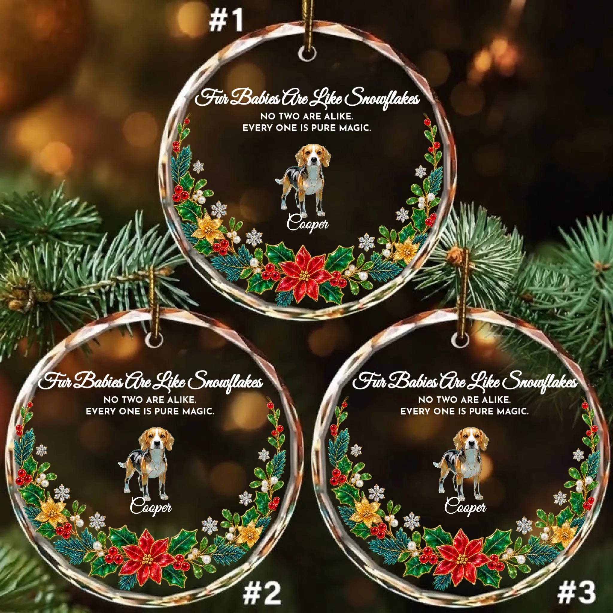 Pack of 3 personalized round glass ornaments