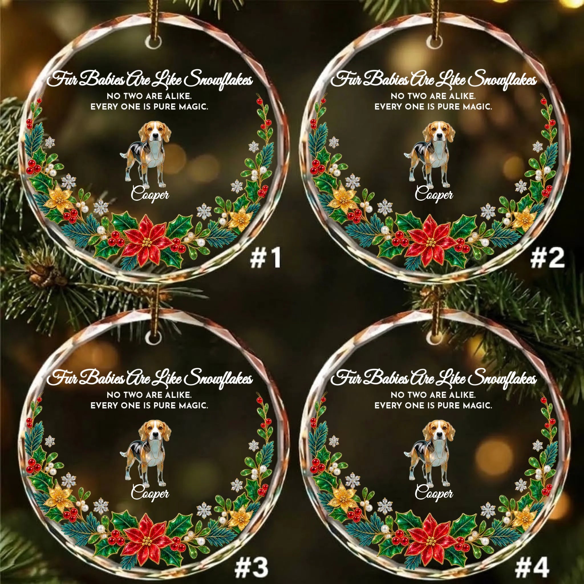 Pack of 4 personalized round glass ornaments