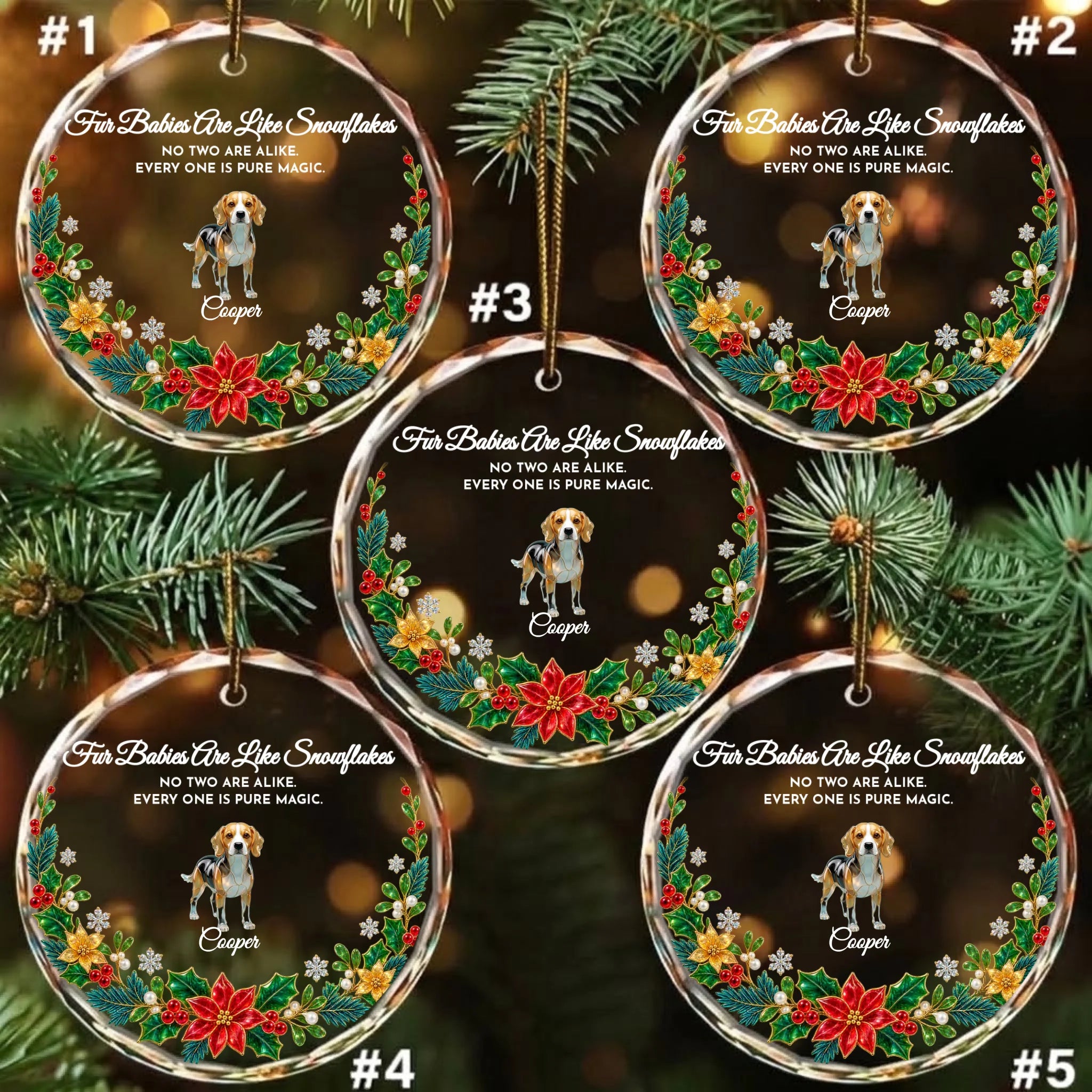 Pack of 5 personalized round glass ornaments