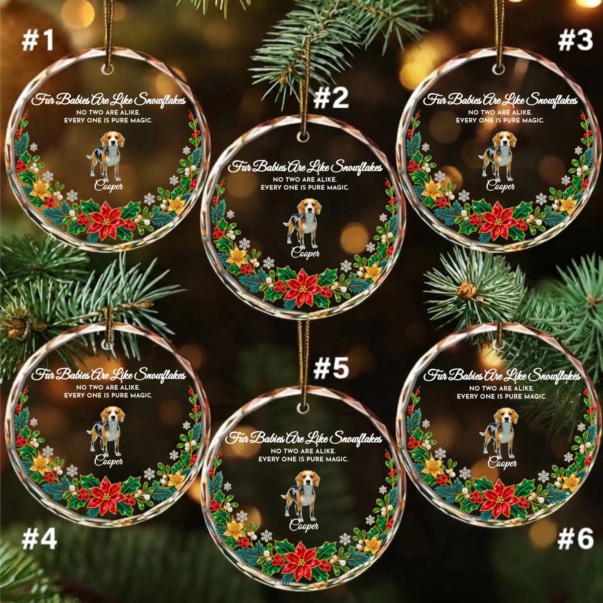Pack of 6 personalized round glass ornaments