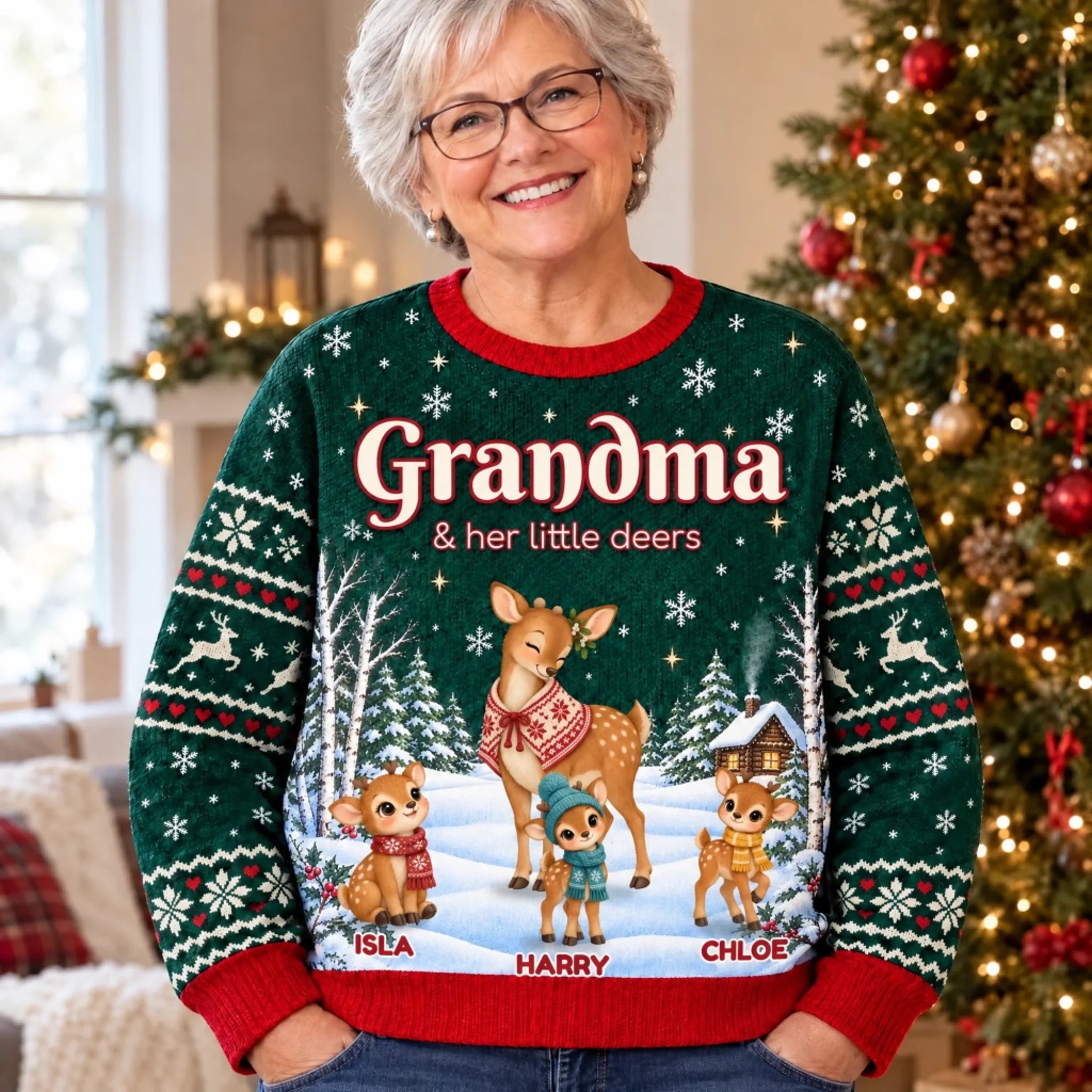 Grandma wearing personalized reindeer family all-over print sweatshirt