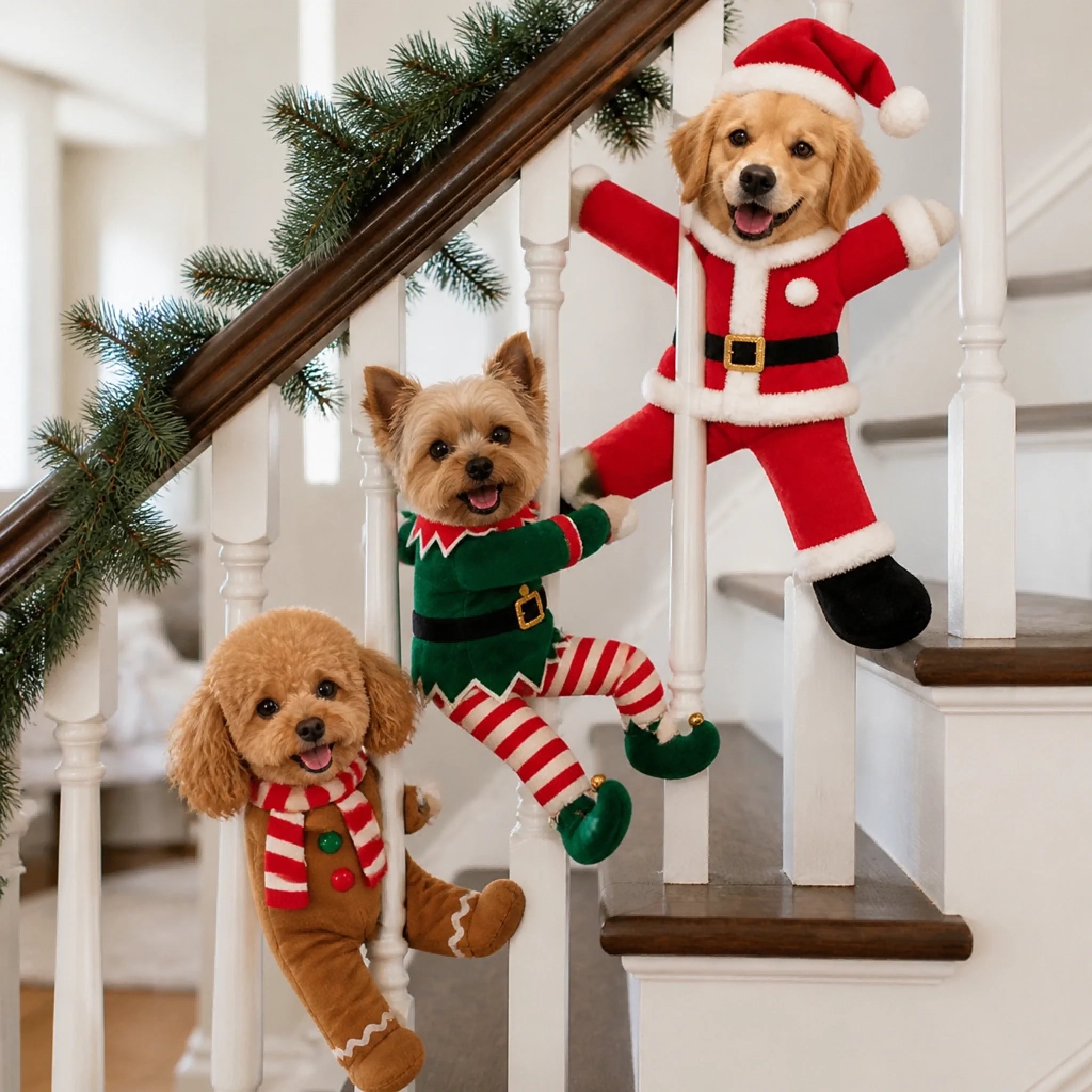 Poseable pet plush doll sitting on stairs