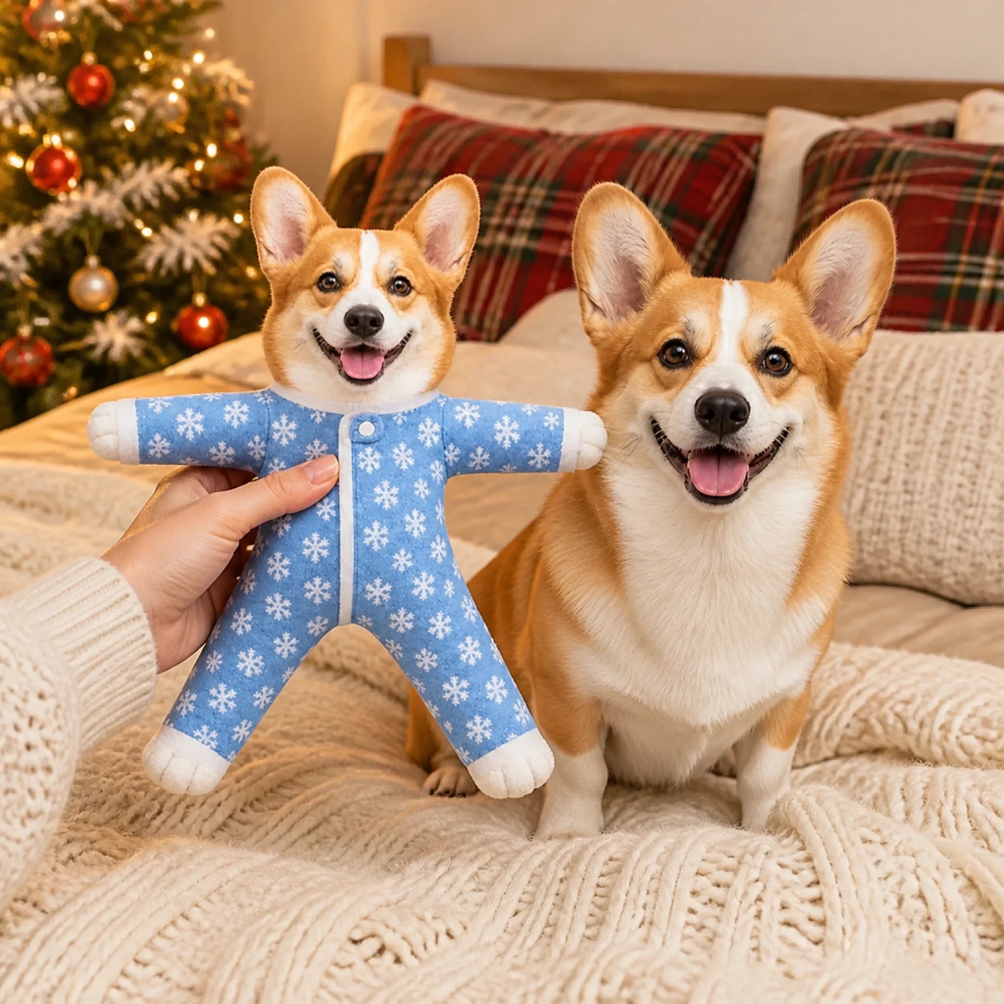 Pet plush doll next to the real dog