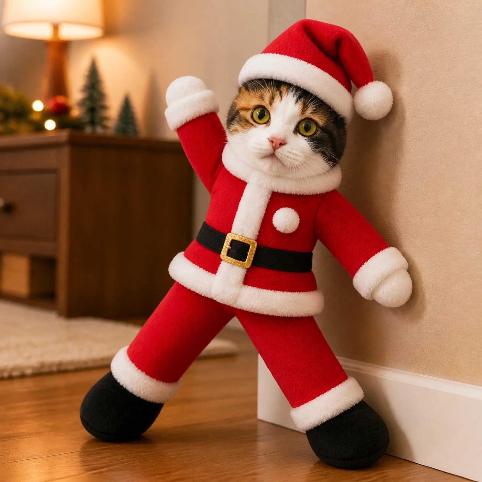 Poseable pet plush doll hanging on the wall