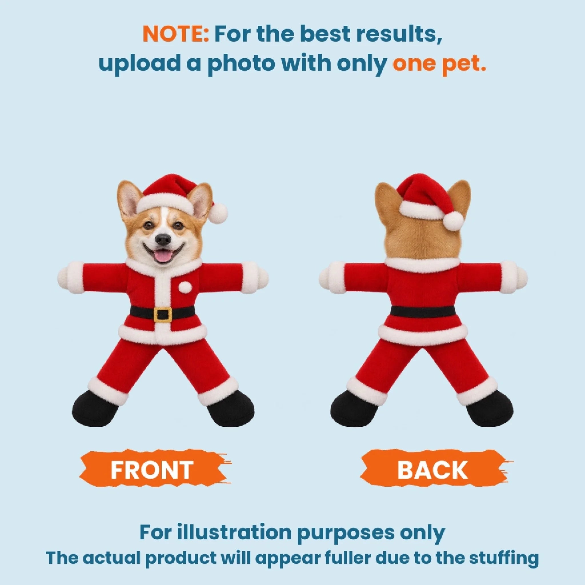Personalized pet poseable plush doll front and back - for illustration purposes only