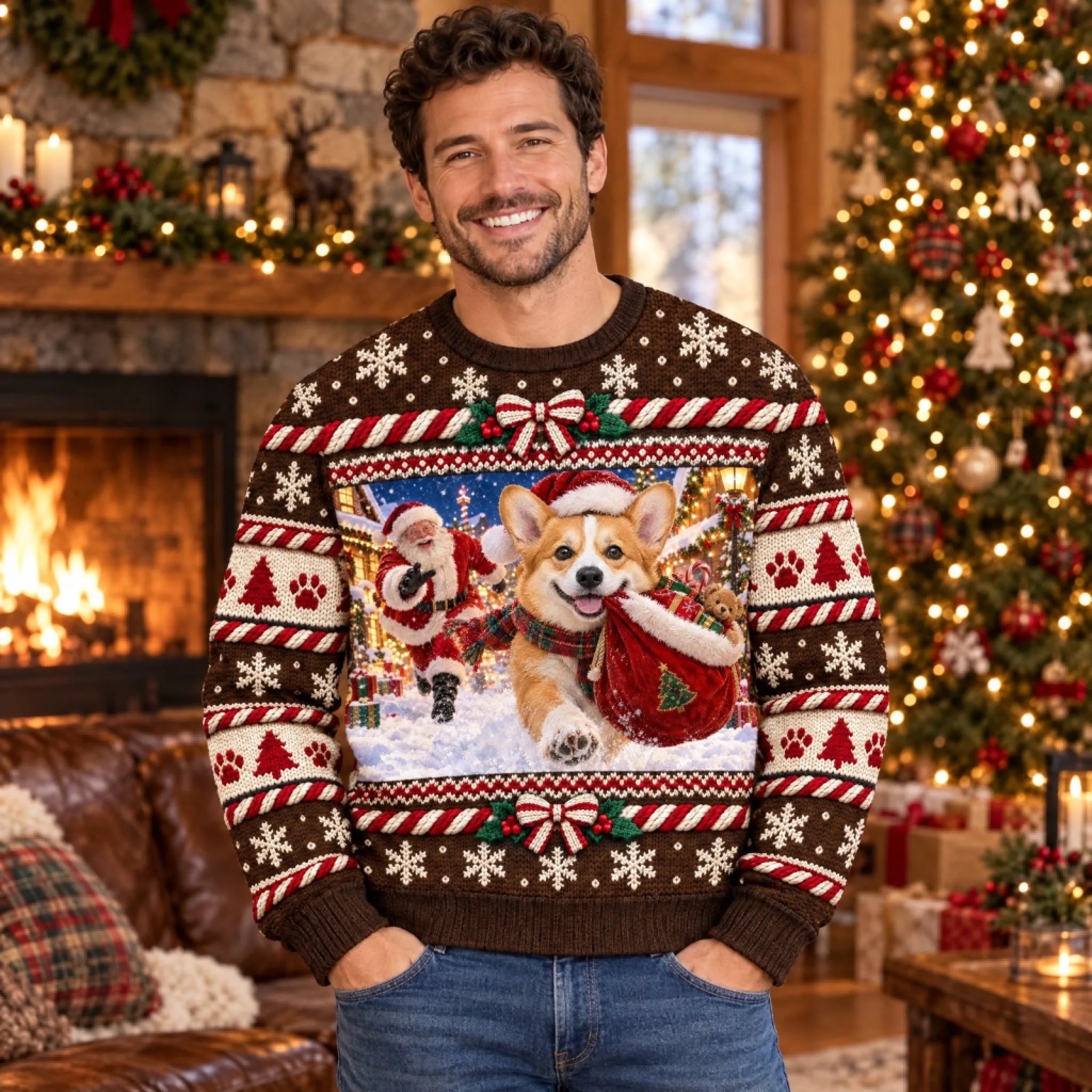 Man wearing Cocoa Brown custom pet ugly Christmas sweater