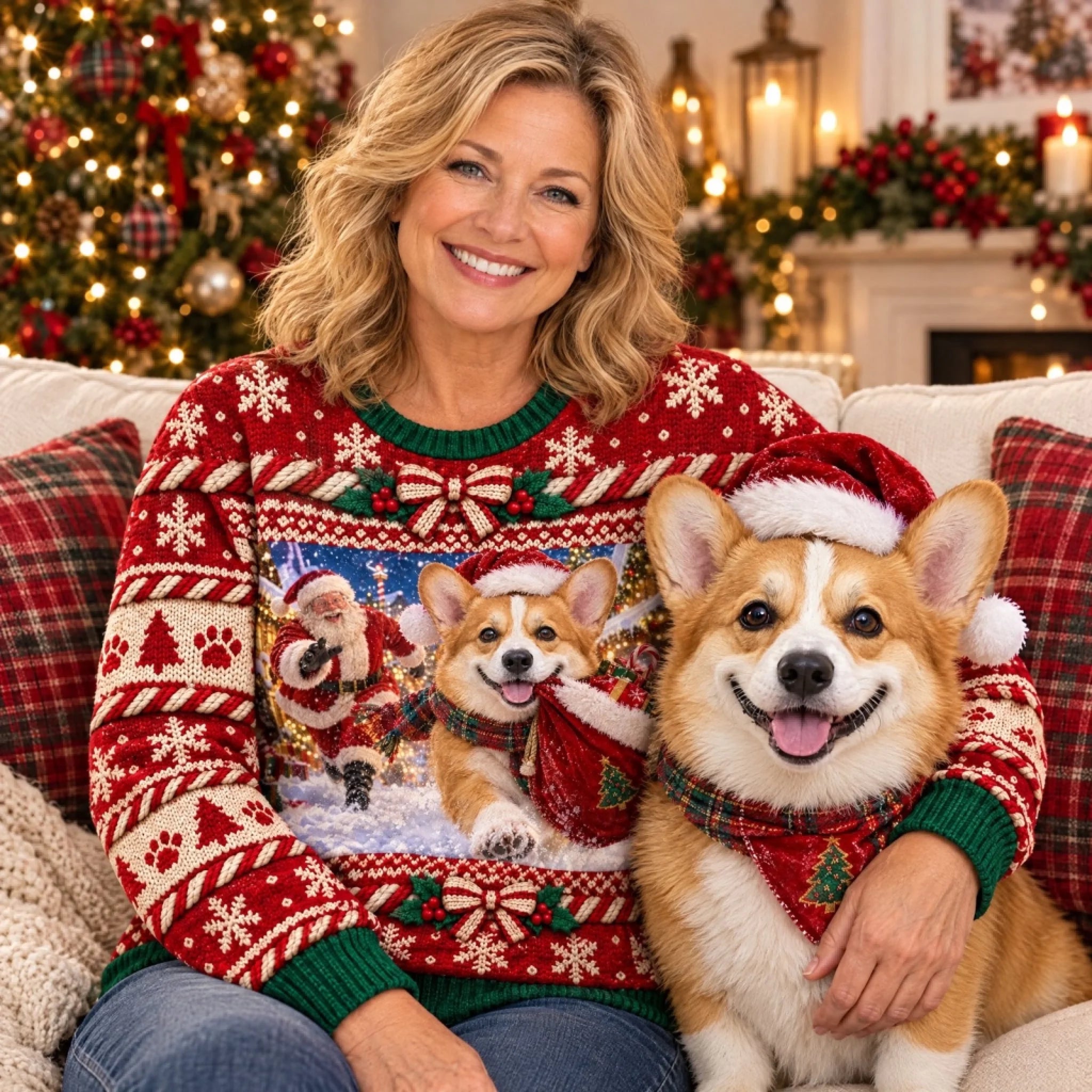 Woman and corgi with Cranberry Red custom pet ugly Christmas sweater