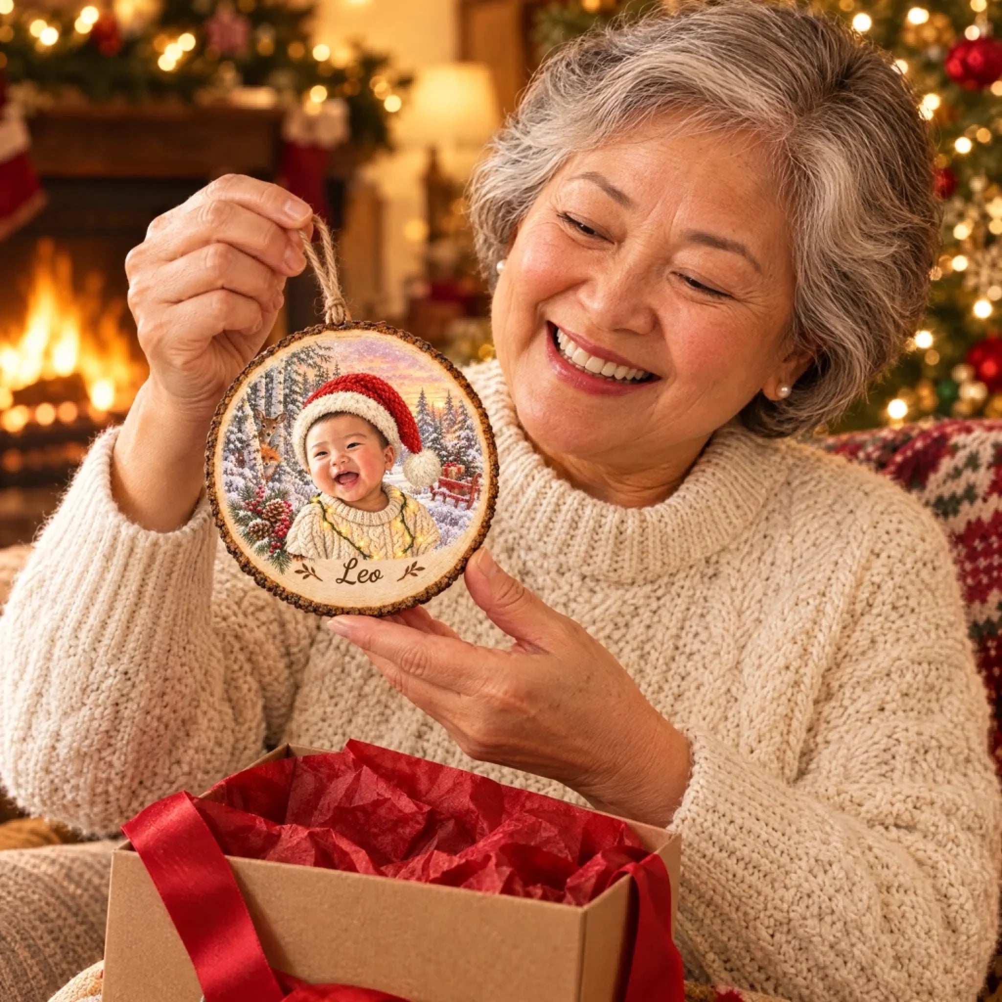 Grandma opening a personalized kid portrait wood ornament gift