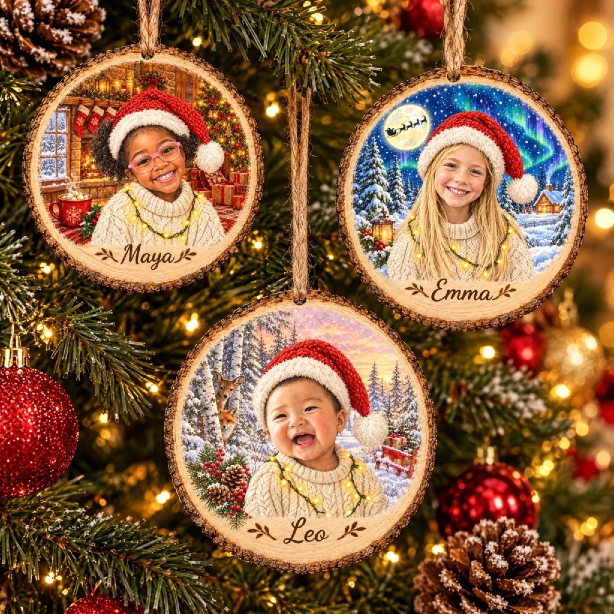 Three personalized sibling Santa hat wood ornaments on Christmas tree