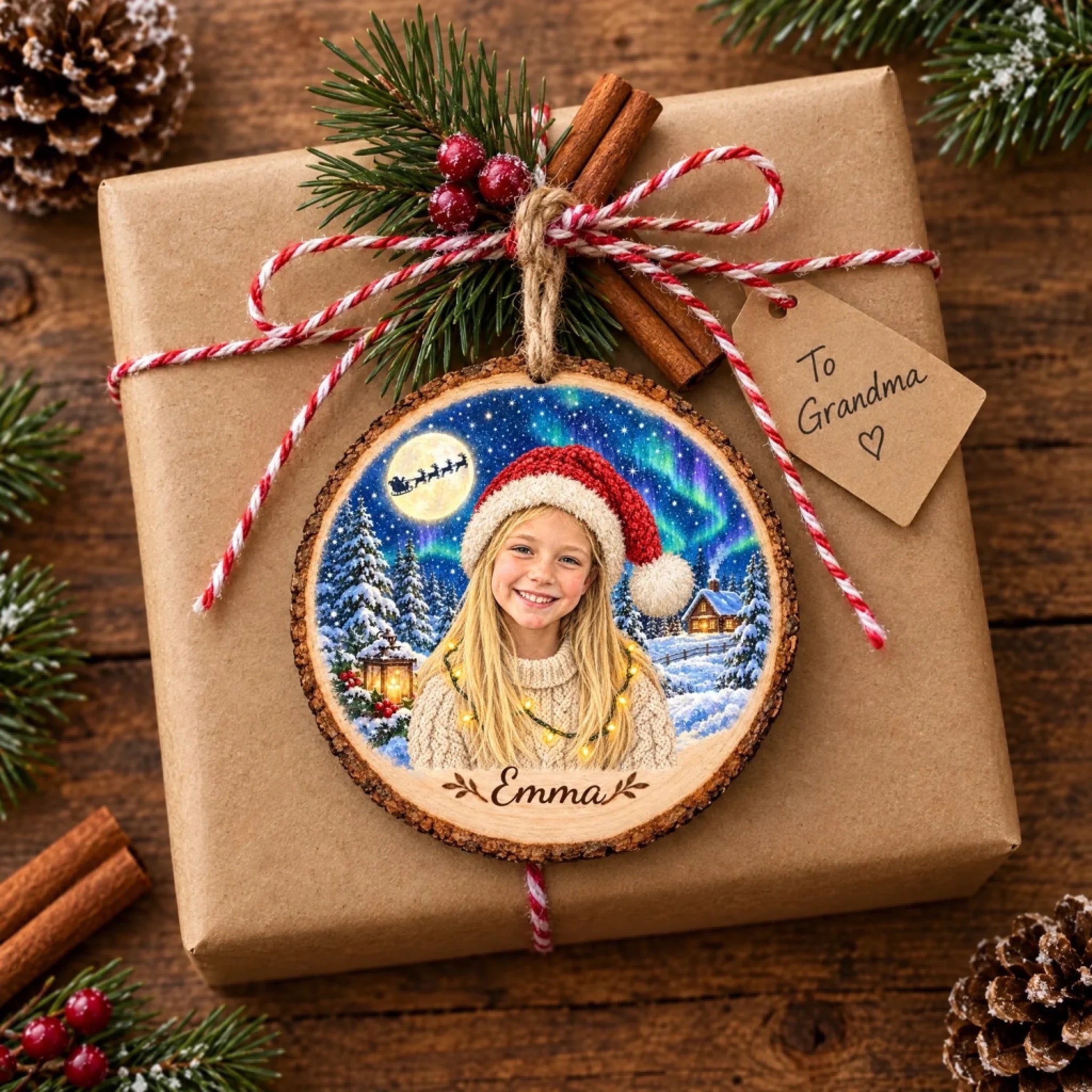 Kid photo wood ornament tied on a wrapped Christmas gift for Grandma