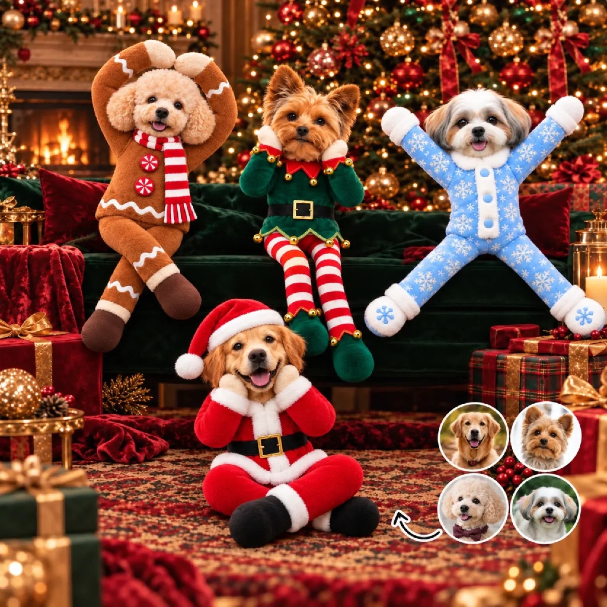 Custom pet poseable plush dolls in Christmas outfits by the tree