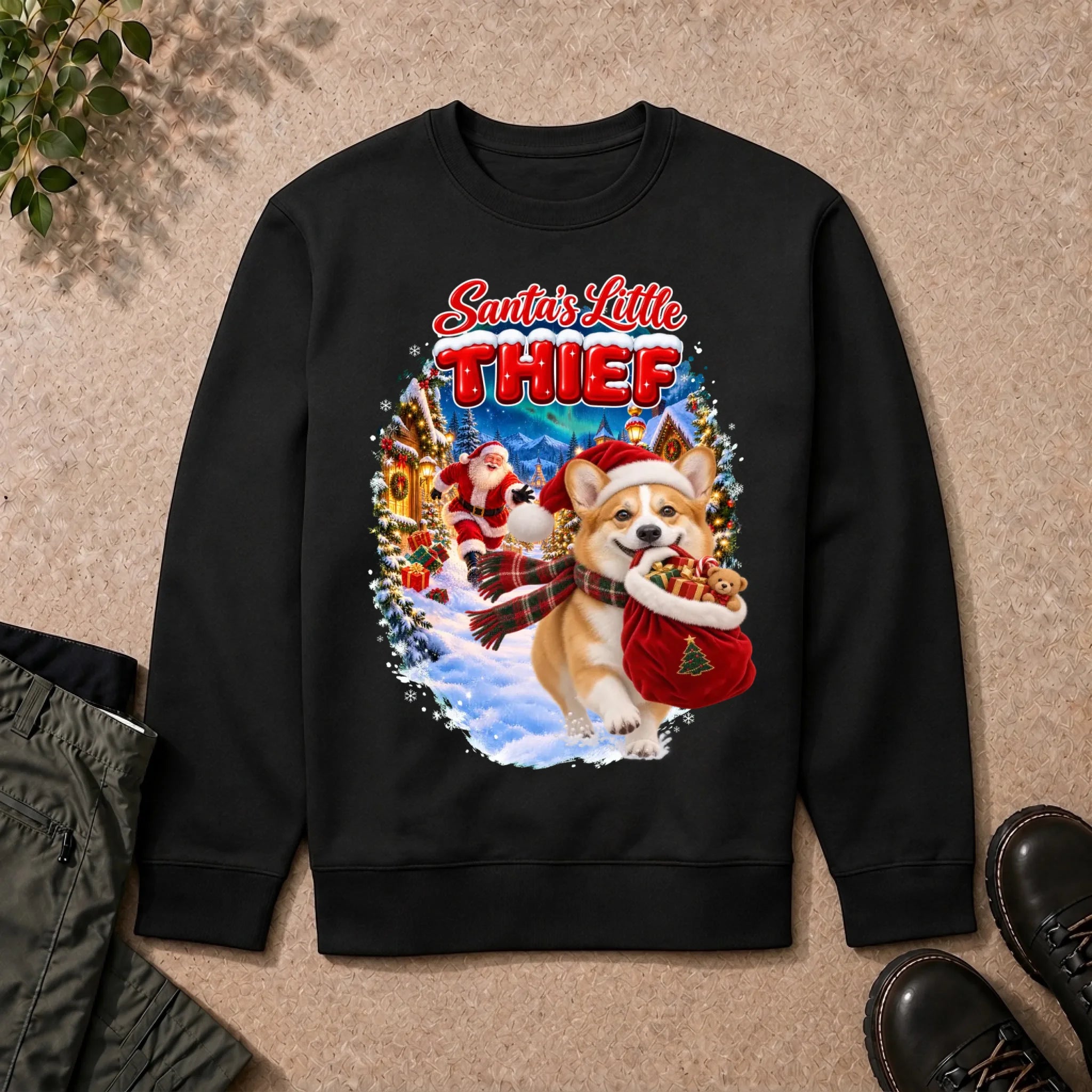 Santa's Little Thief custom pet photo sweatshirt in Black