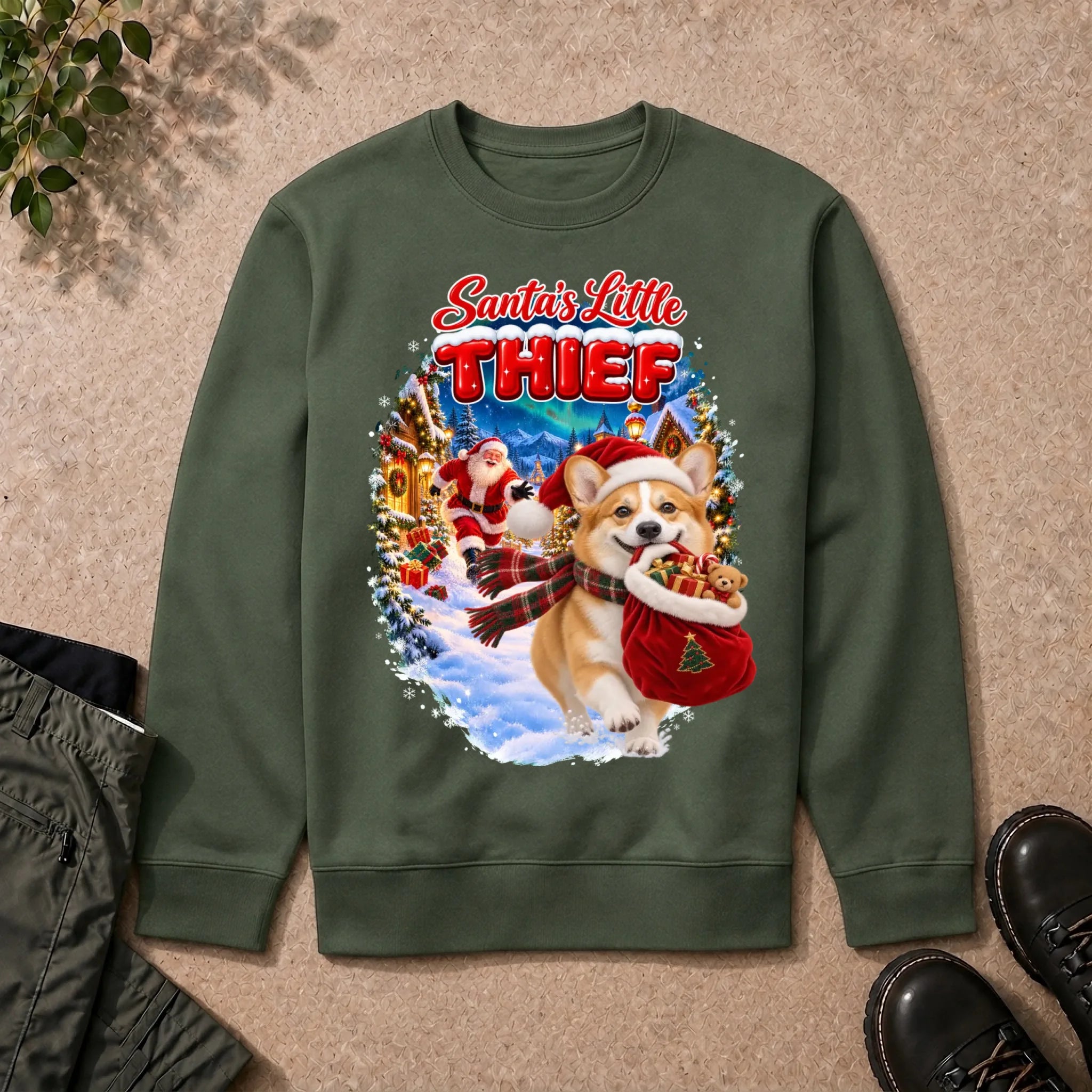 Santa's Little Thief custom pet photo sweatshirt in Military Green