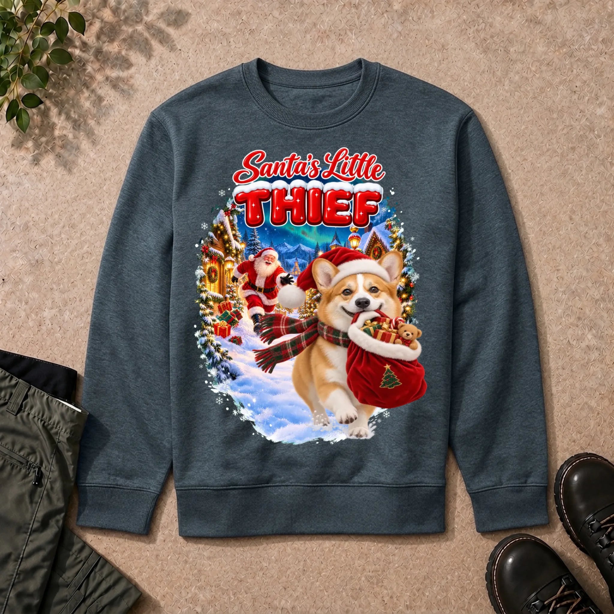 Santa's Little Thief custom pet photo sweatshirt in Dark Heather