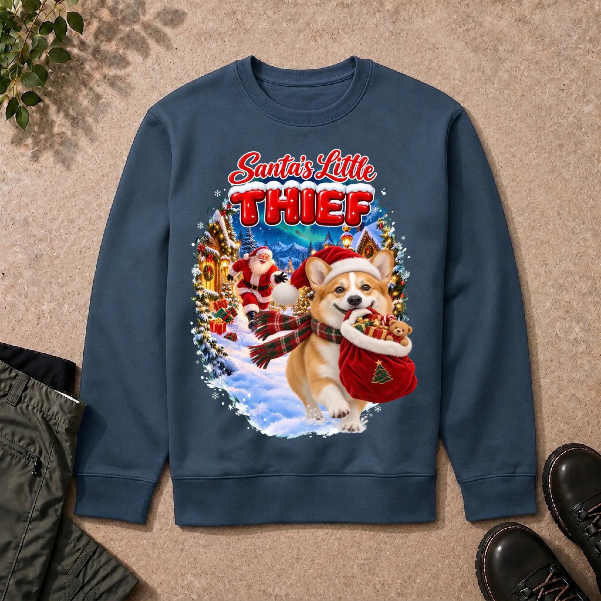 Santa's Little Thief custom pet photo sweatshirt in Indigo Blue