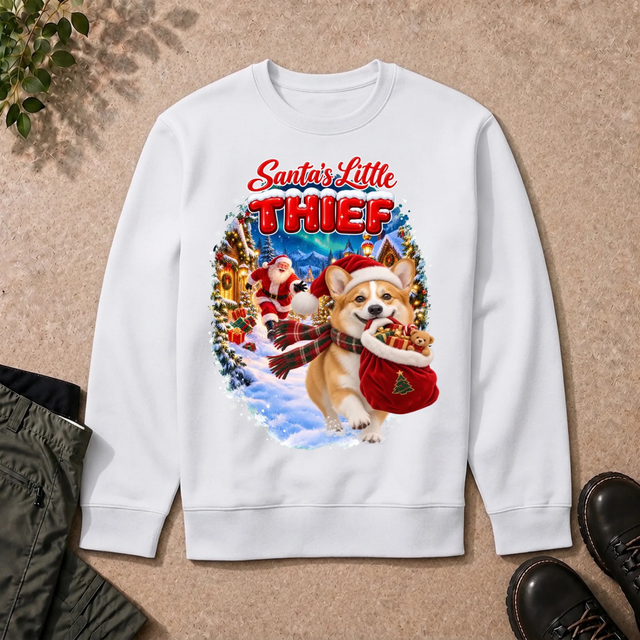 Santa's Little Thief custom pet photo sweatshirt in White