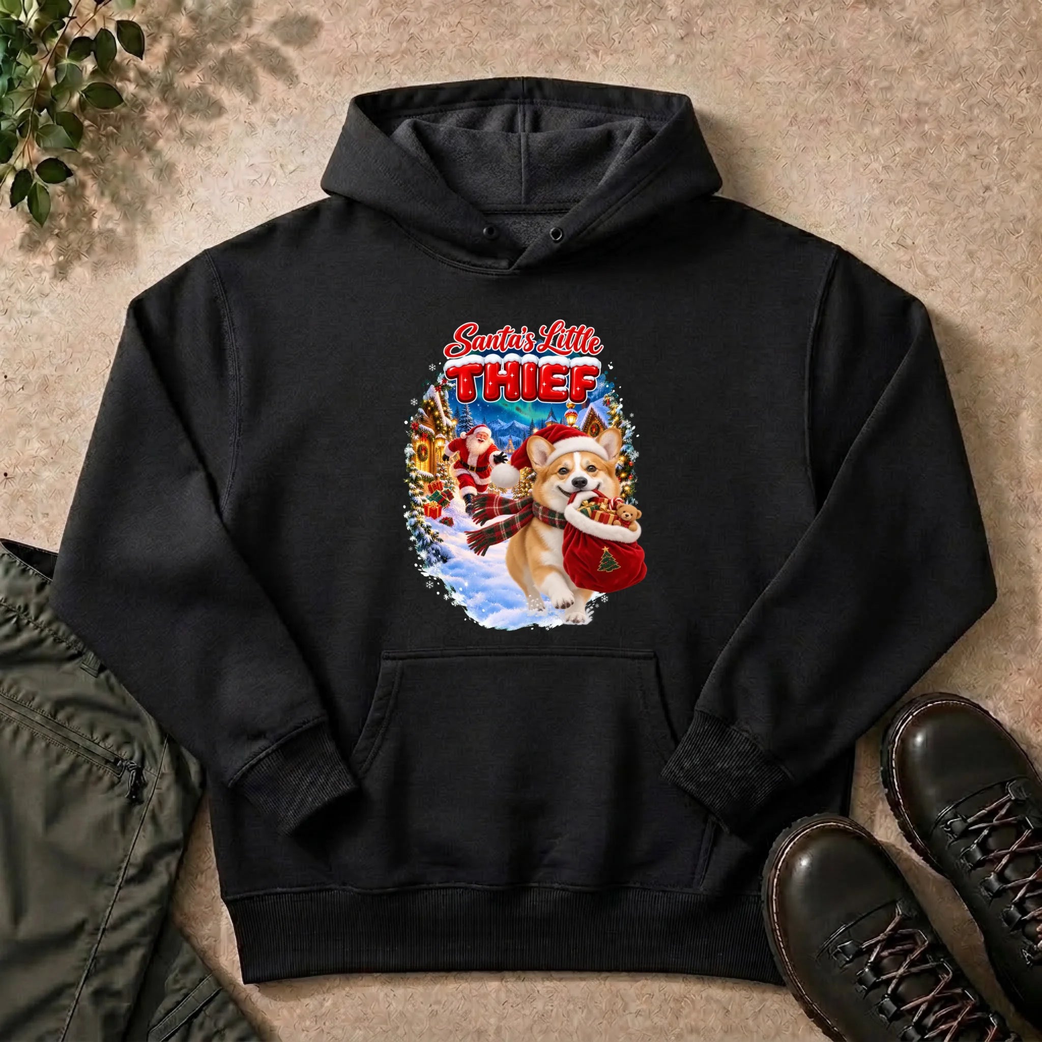 Santa's Little Thief custom pet photo hoodie in Black