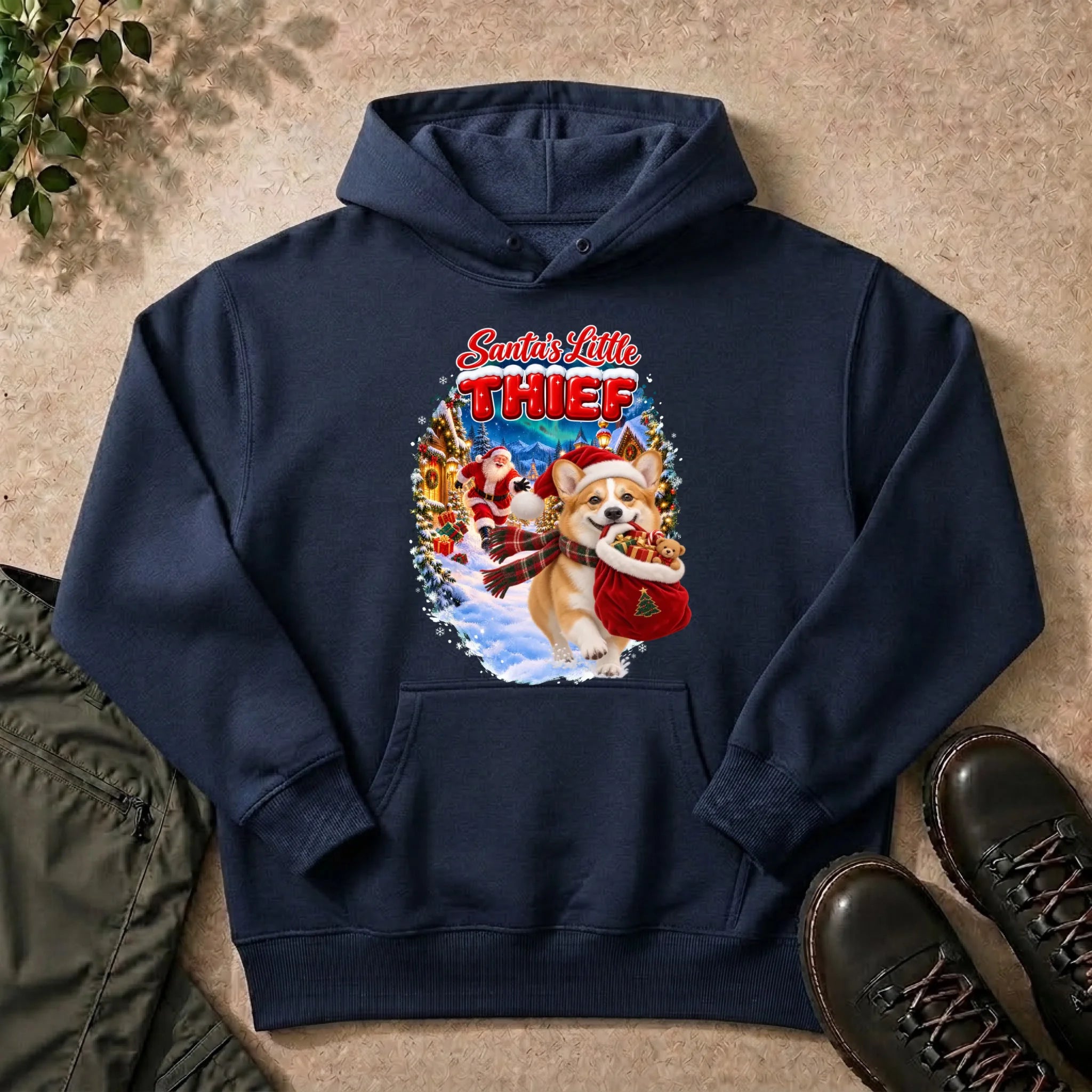 Santa's Little Thief custom pet photo hoodie in Navy