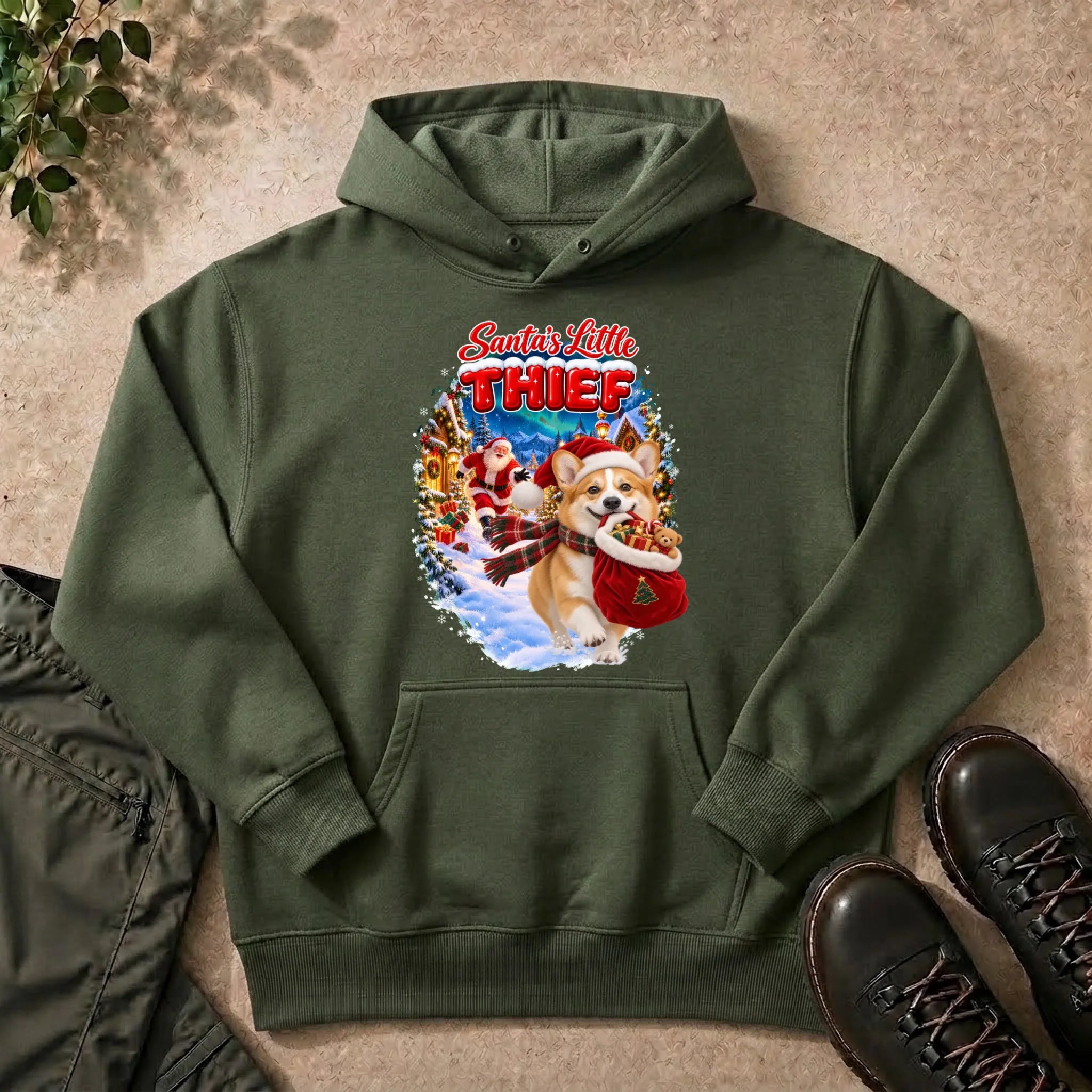 Santa's Little Thief custom pet photo hoodie in Military Green