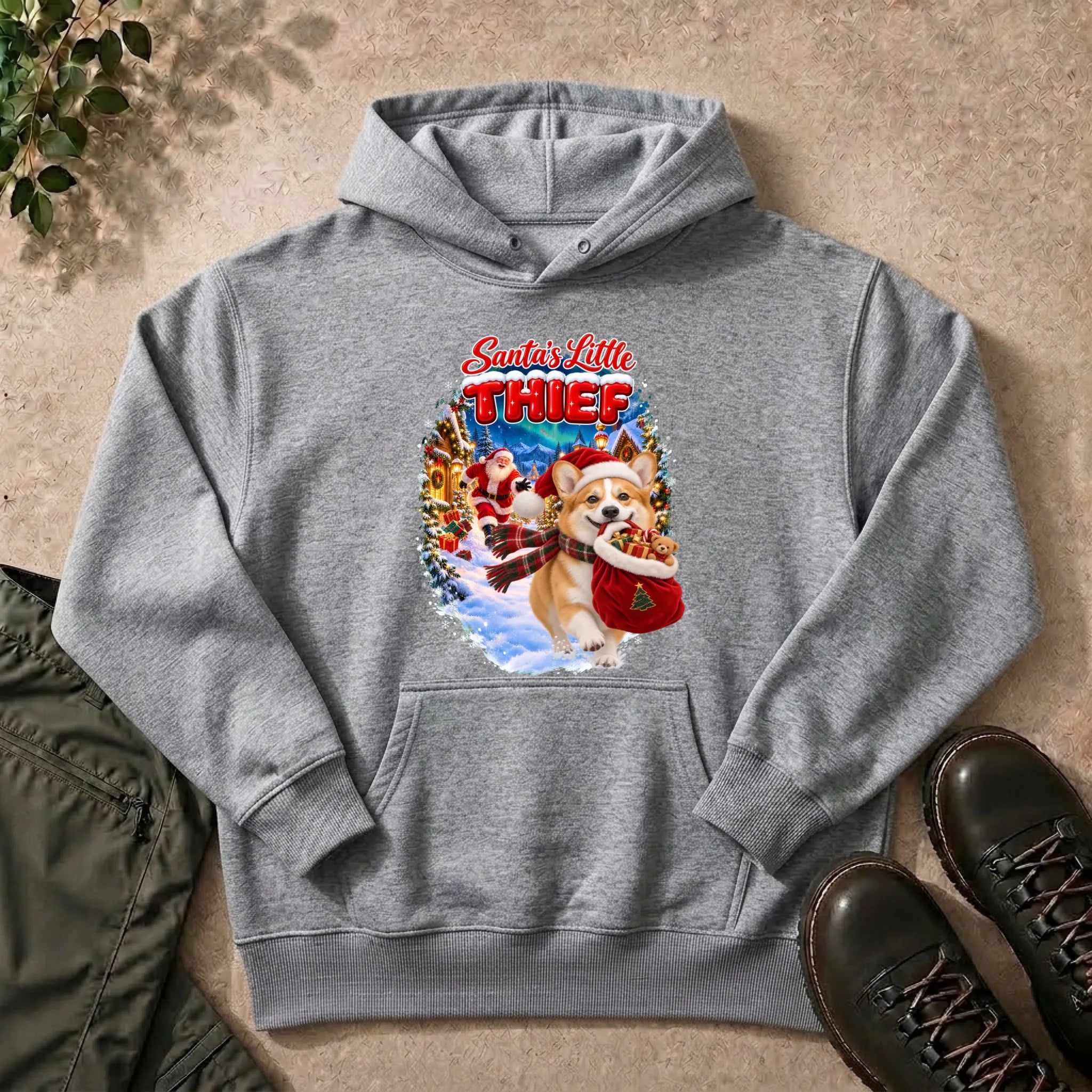 Santa's Little Thief custom pet photo hoodie in Athletic Heather