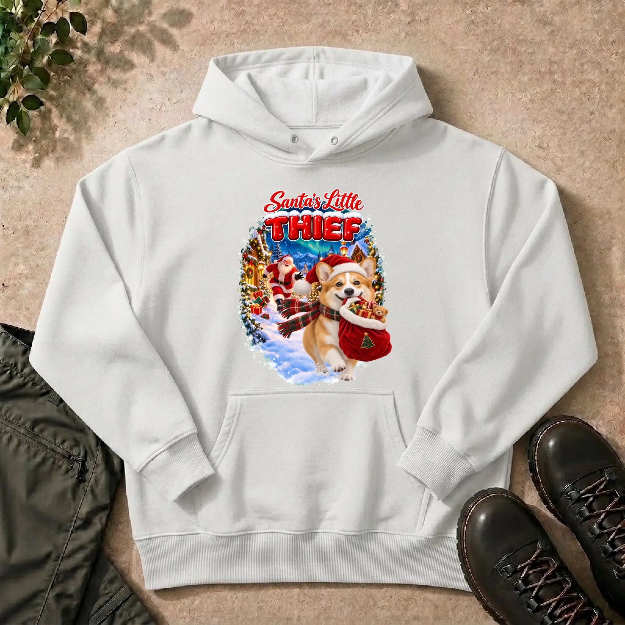 Santa's Little Thief custom pet photo hoodie in White
