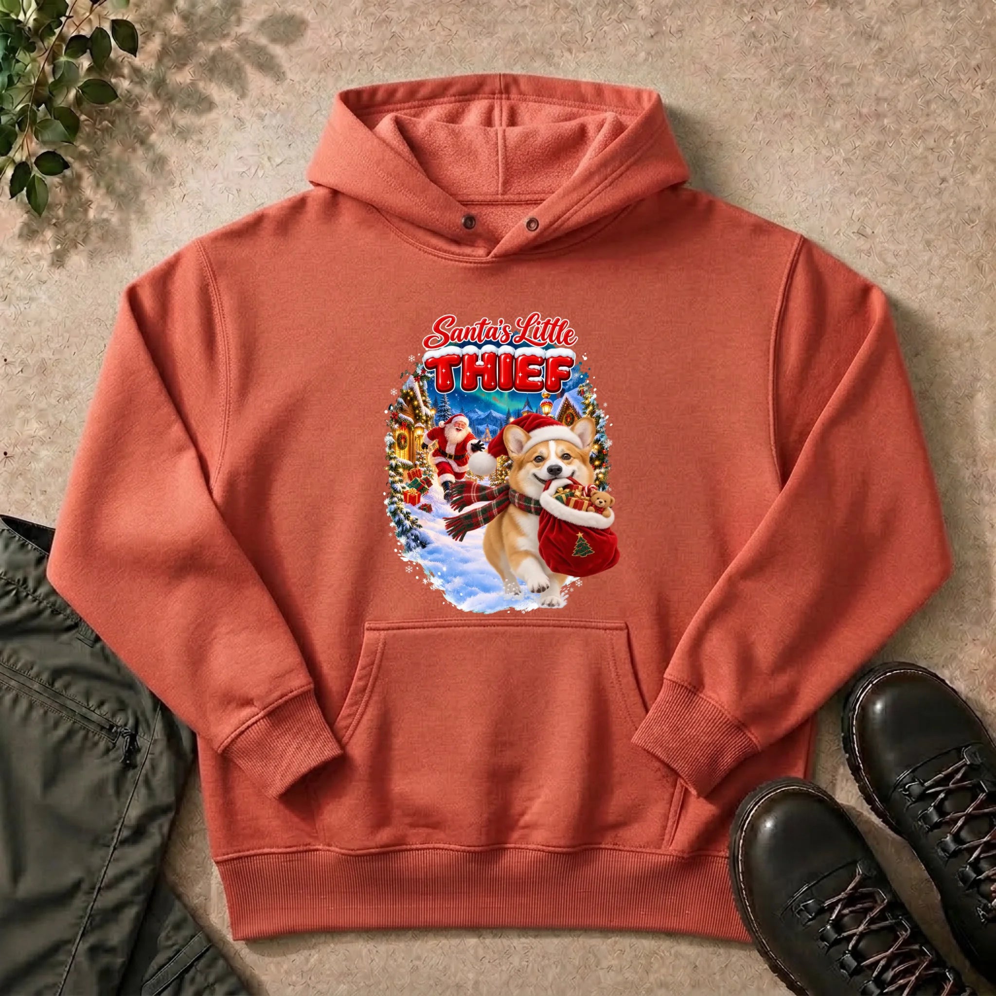 Santa's Little Thief custom pet photo hoodie in Sunset Coral