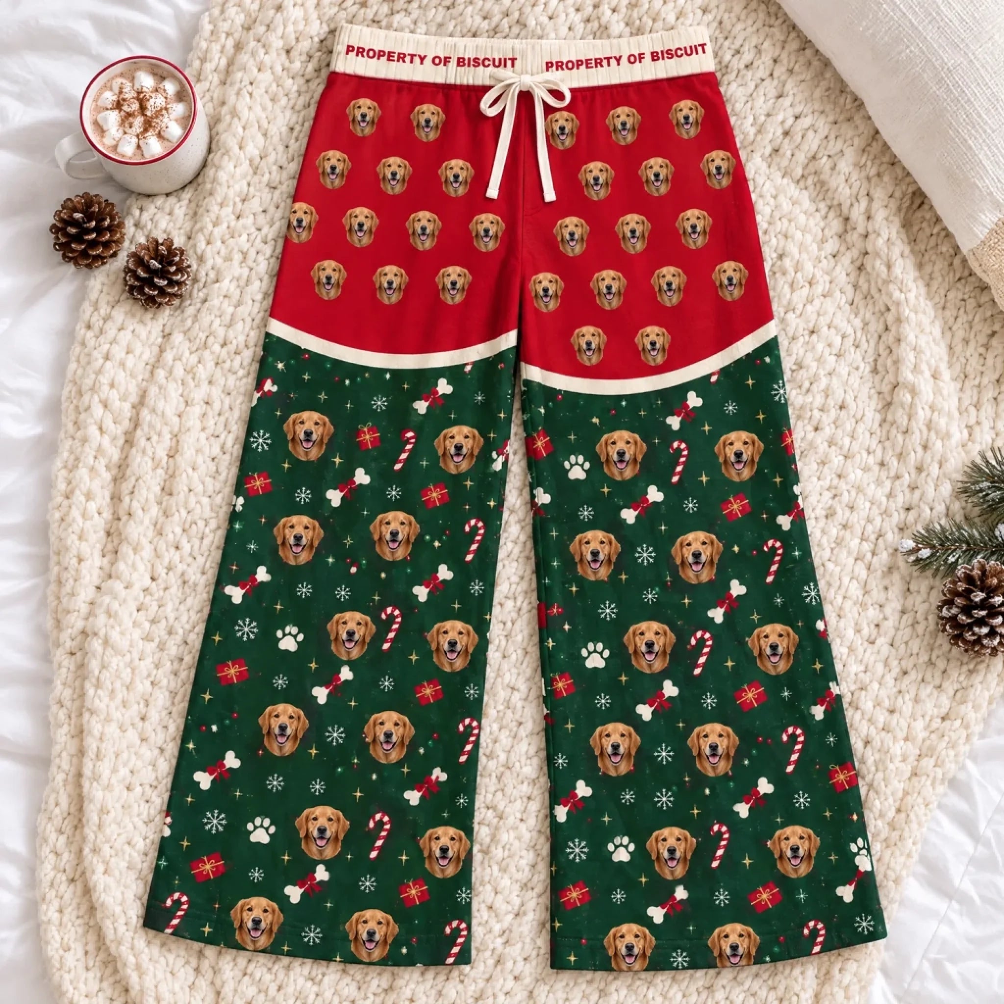 Custom pet face Christmas pajama pants front view flat lay