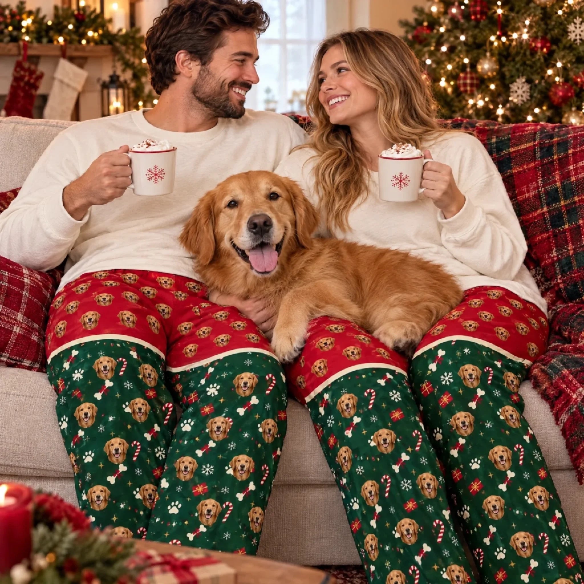 Couple wearing matching custom dog face Christmas pajama pants