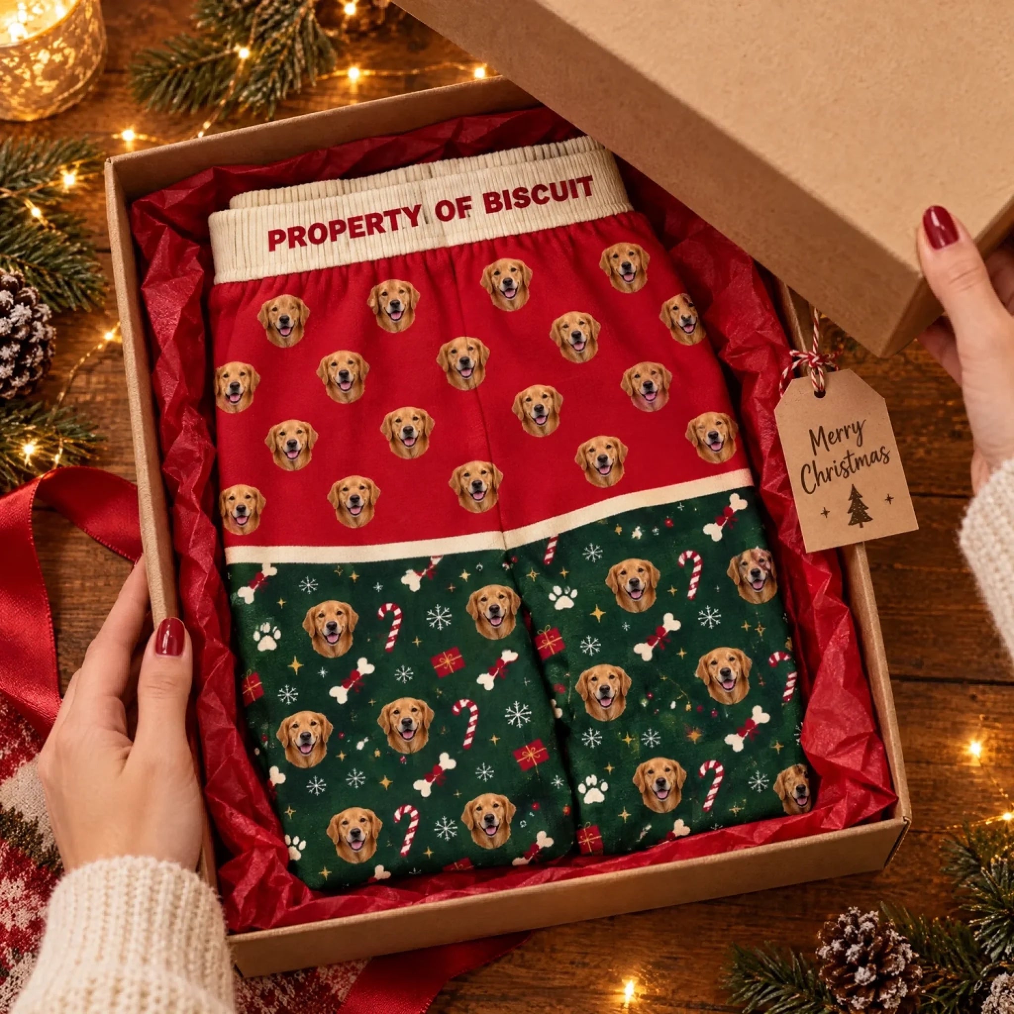Personalized pet pajama pants Christmas gift in a gift box