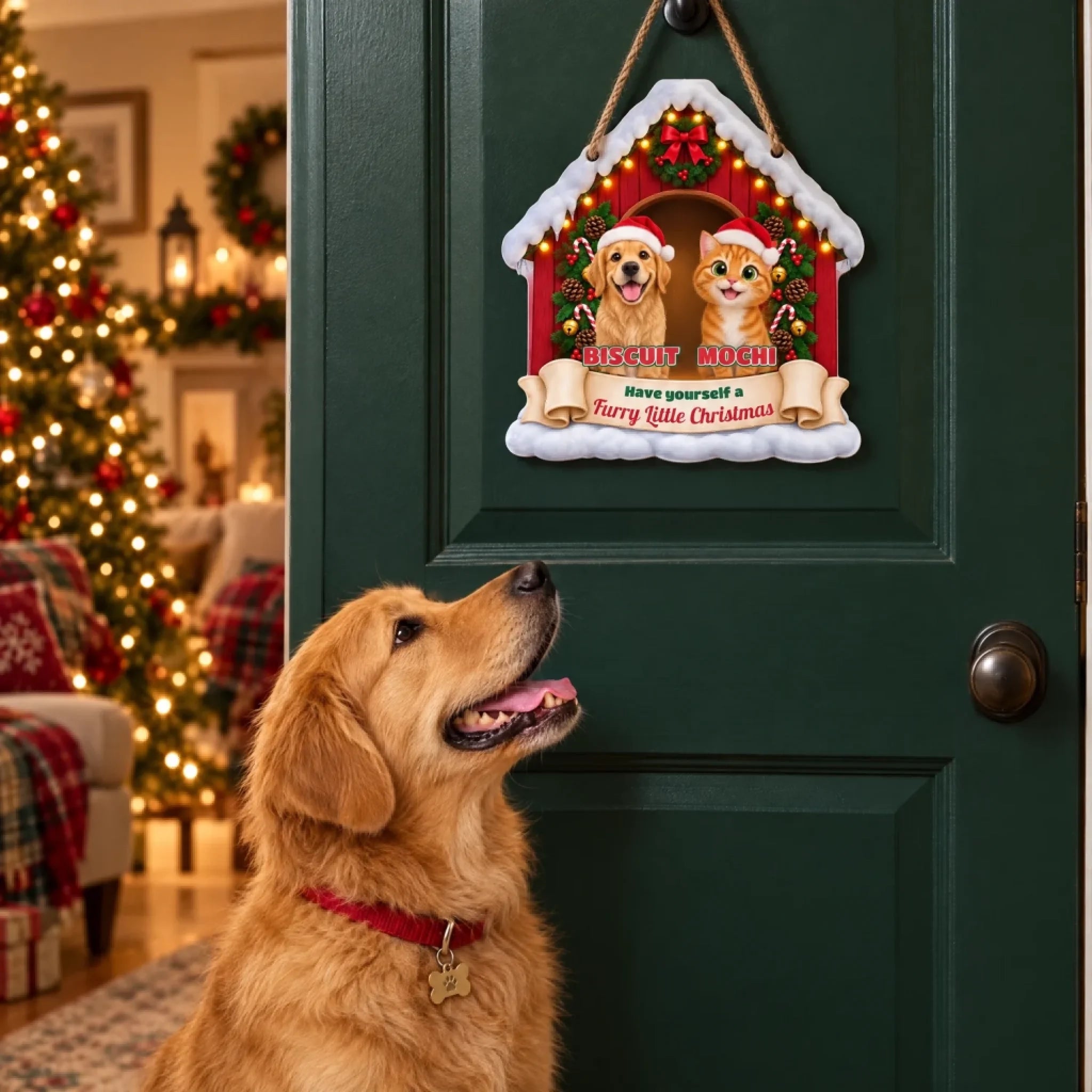 Golden retriever looking at its custom Christmas door hanger