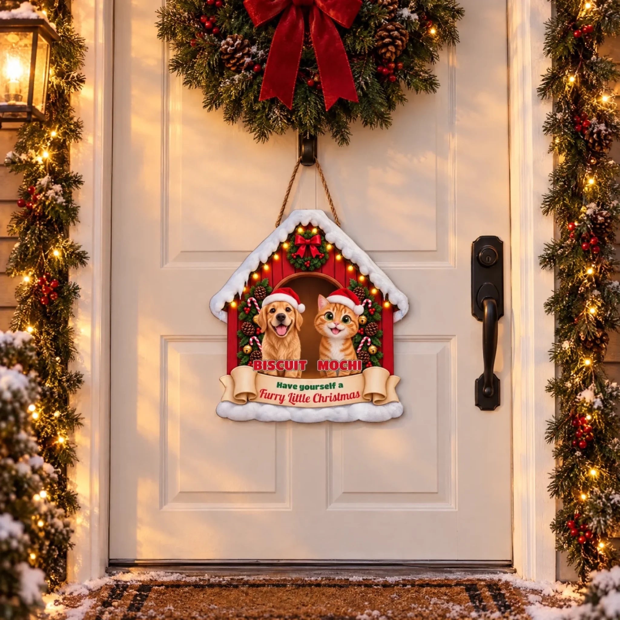 Personalized pet Christmas door hanger on a front door under a wreath