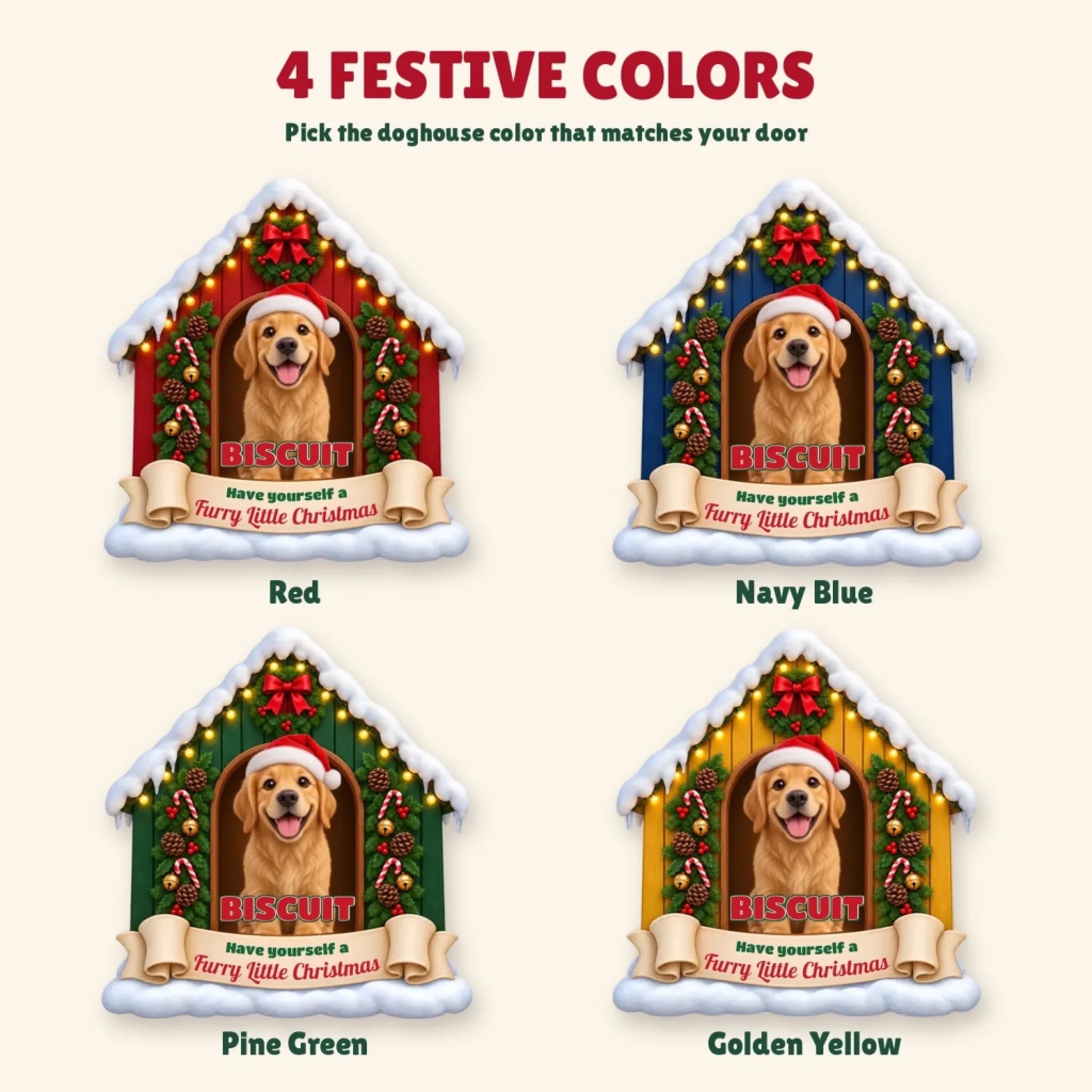 Furry Little Christmas door hanger in 4 colors: red, navy blue, pine green, golden yellow