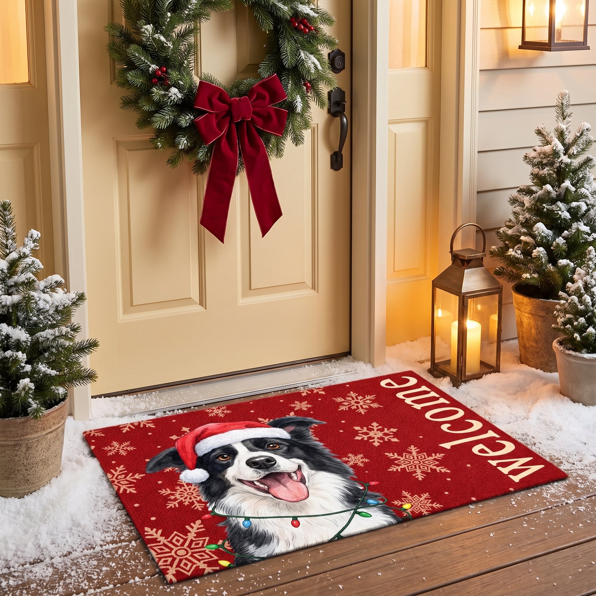 Personalized pet doormat at a Christmas front door