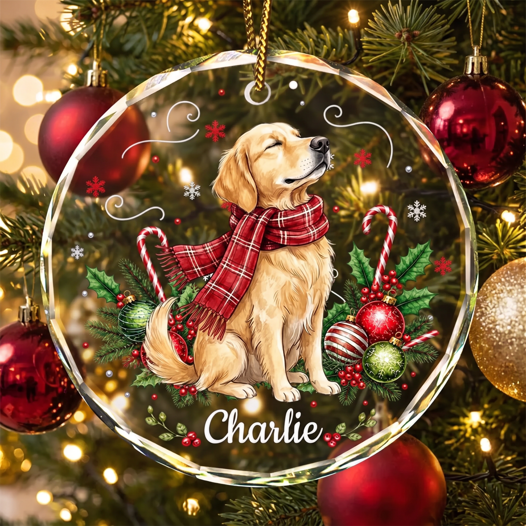 Personalized pet photo glass ornament on a Christmas tree